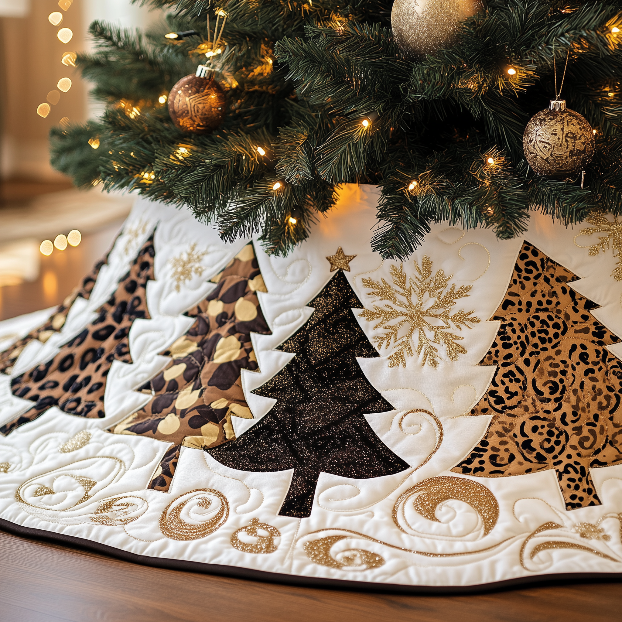 Festive Leopard Christmas Tree Quilted Tree Skirt Stylish Holiday Decor Gift Merch