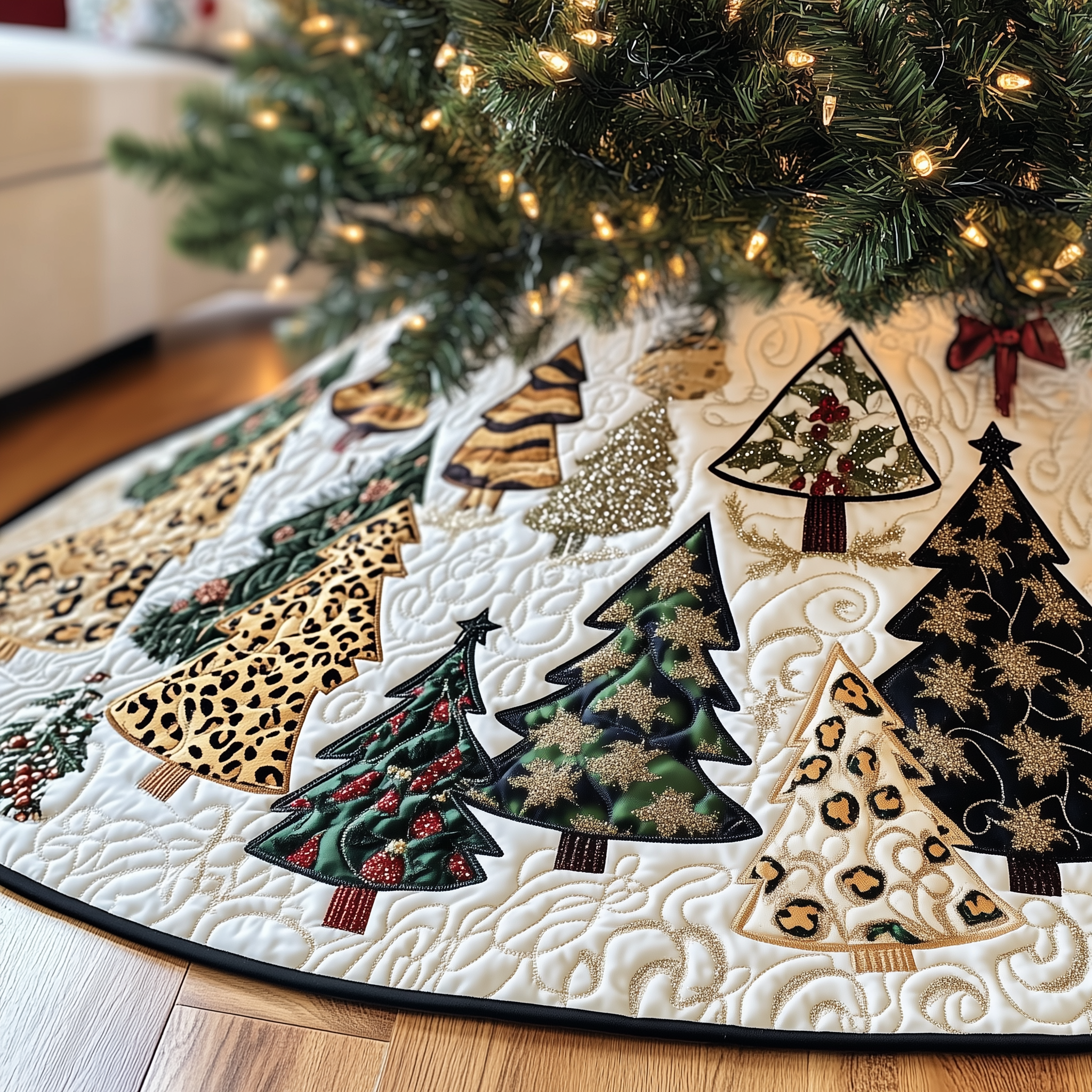 Festive Leopard Christmas Tree Quilted Tree Skirt Warm Winter Home Merch
