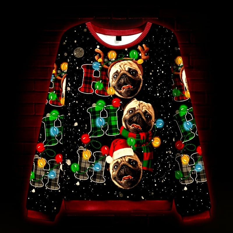 Festive Lights Pugs Ugly Christmas Sweater Cute Xmas Outfit Holiday Gifts For Pug Lovers