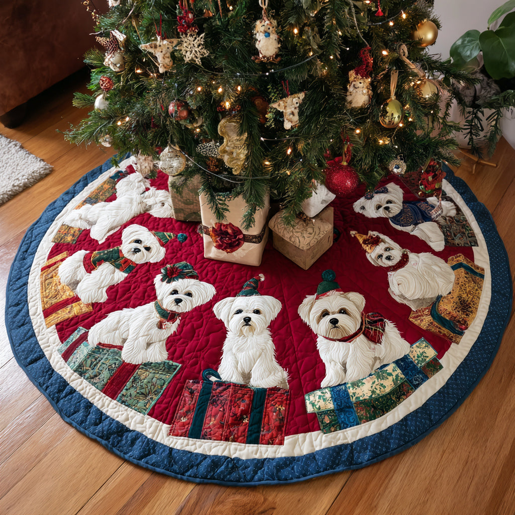 Festive Maltese Gifts Quilted Christmas Tree Skirt Winter Holiday Decor Unique Dog Presents