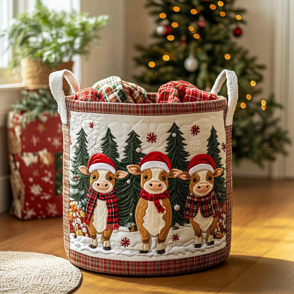 Festive Moo Crew Quilted Laundry Basket Premium Quilted Laundry Basket with Sturdy Handles