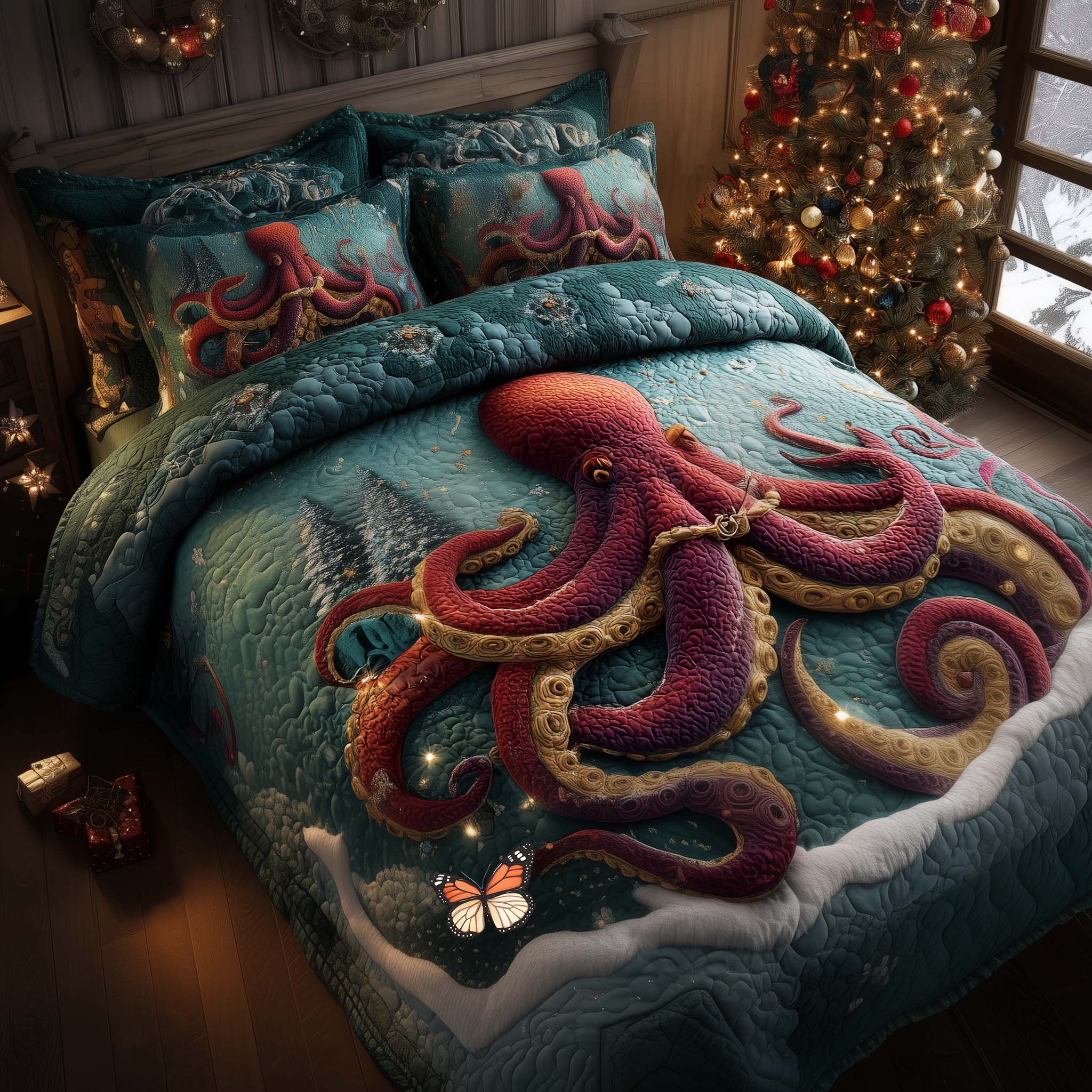 Festive Octopus Quilted Bedding Set Ocean Creature Bedroom Decor Gift For Ocean Lovers