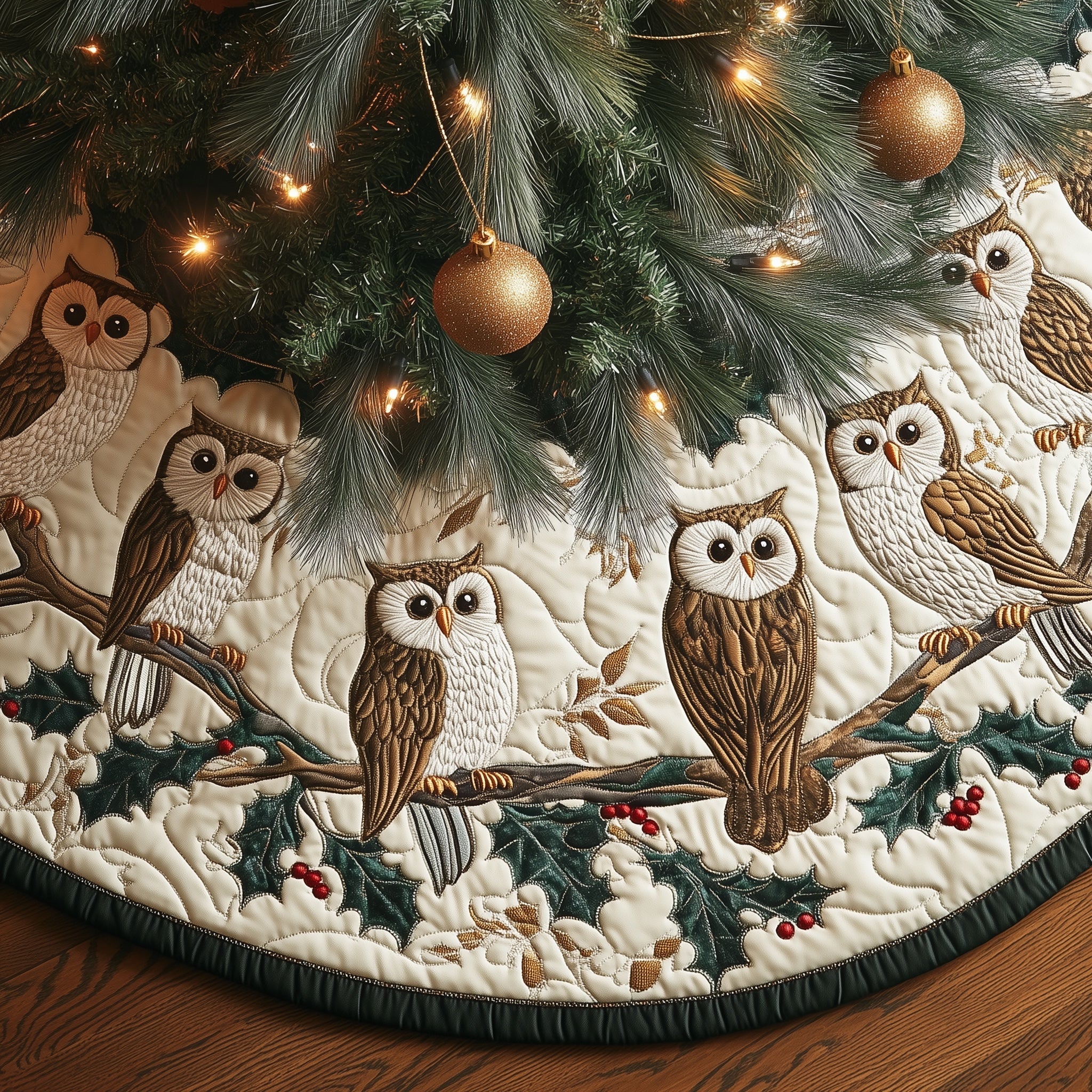Festive Owl Quilted Tree Skirt Holiday Tree Skirt Must-Have