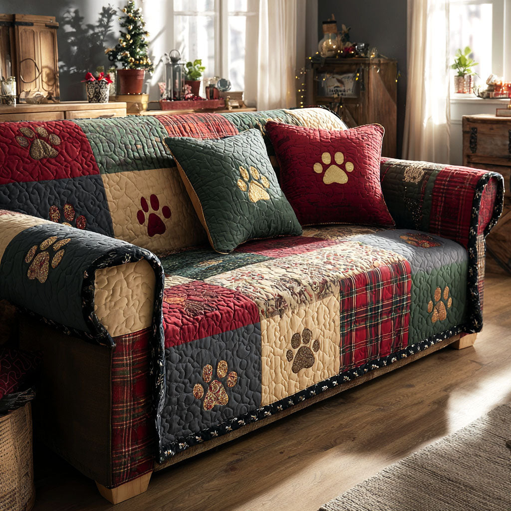 Festive Paw Quilted Sofa Cover Christmas Family Room Decor Perfect Gift For Dog Lovers