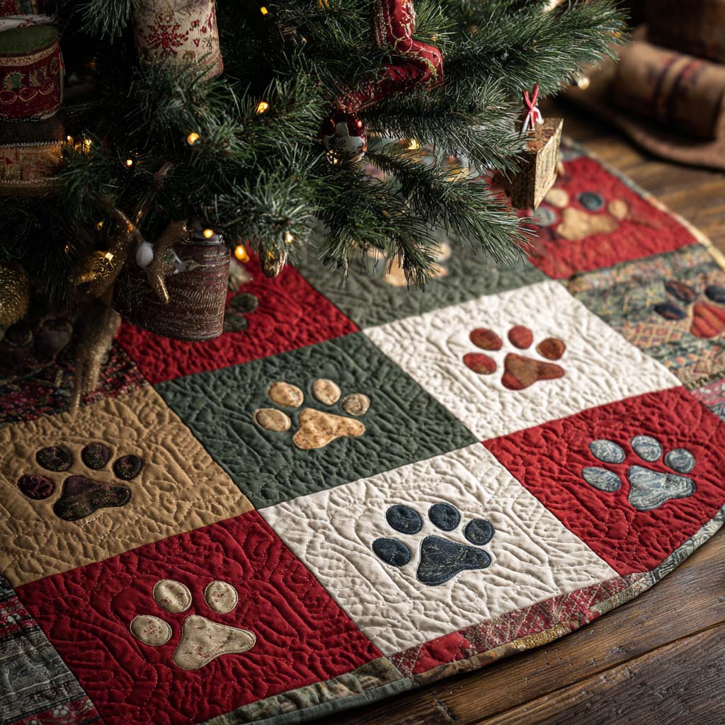 Festive Paws Christmas Quilted Tree Skirt Holiday Decorations Xmas Presents For Animal Lovers