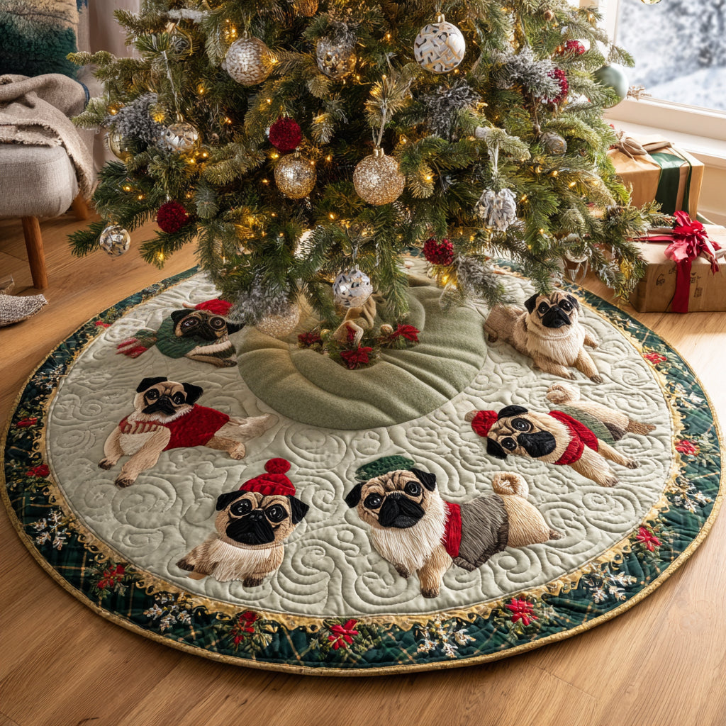 Festive Paws Quilted Christmas Tree Skirt Xmas Tree Base Cover Pug Christmas Presents