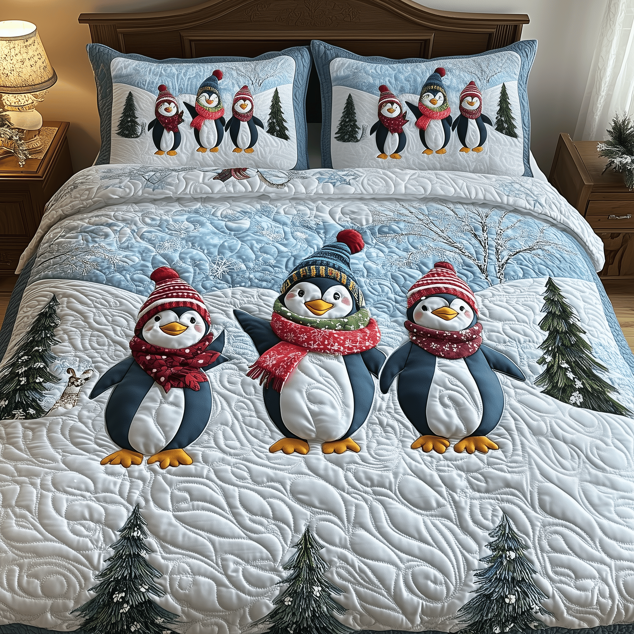 Festive Penguins in Snowy Wonderland Quilted Bedding Set Penguin Gifts For Adults