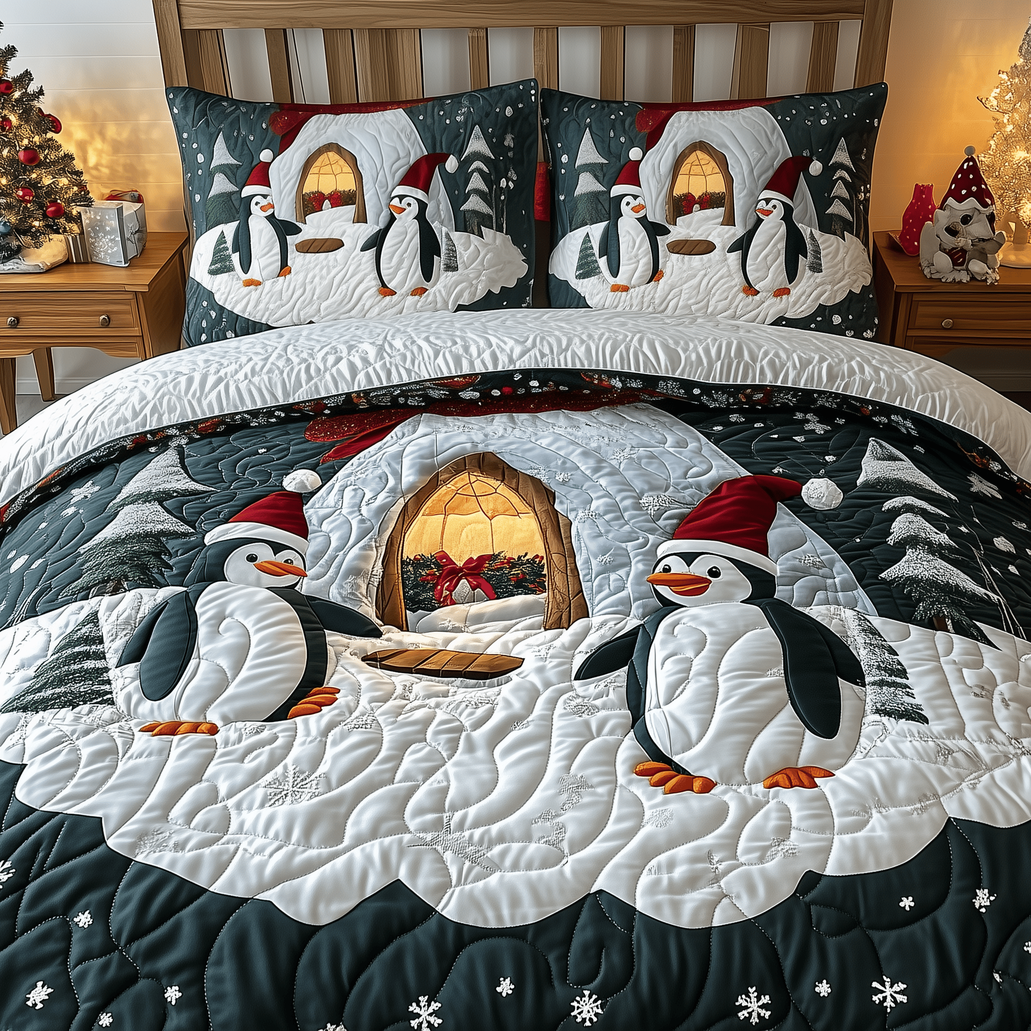 Festive Penguins in Snowy Wonderland Quilted Bedding Set Penguin Gifts For Him