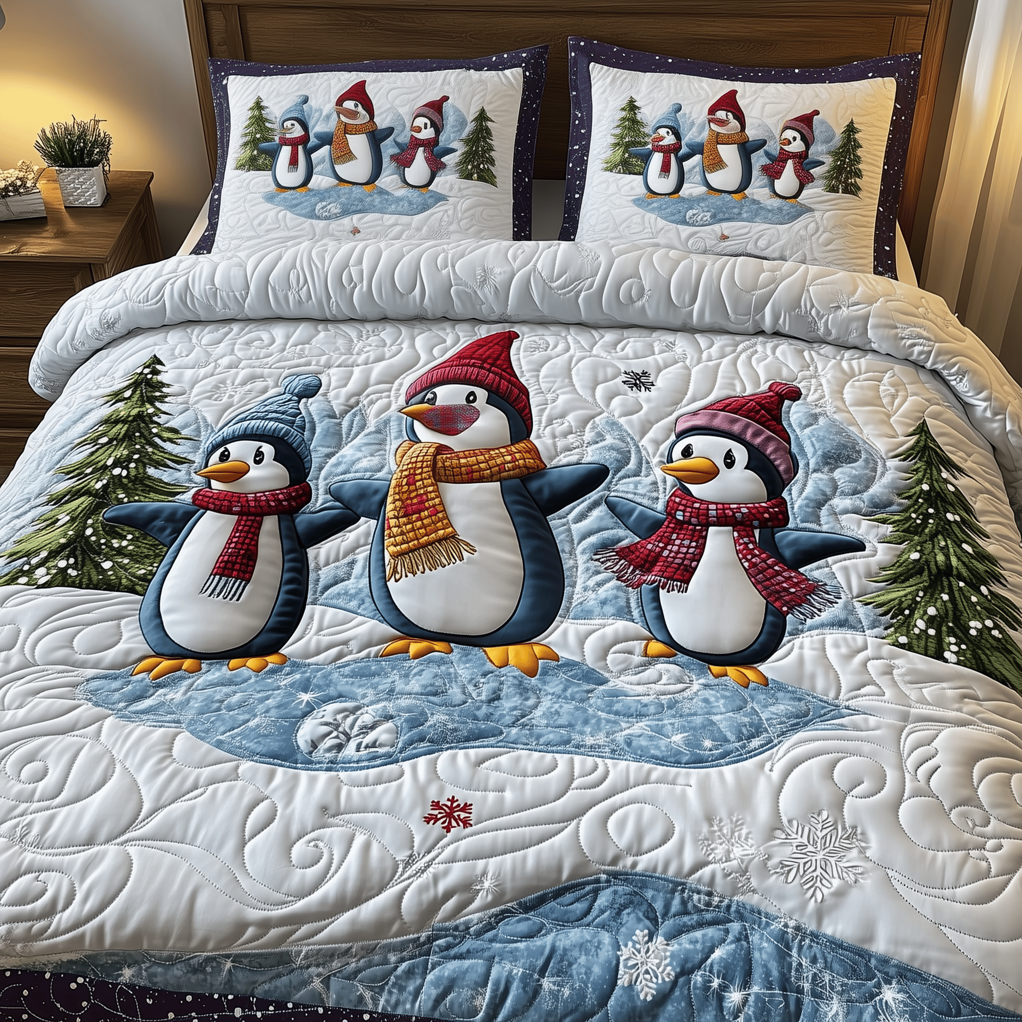 Festive Penguins in Snowy Wonderland Quilted Bedding Set Penguin Presents For Her