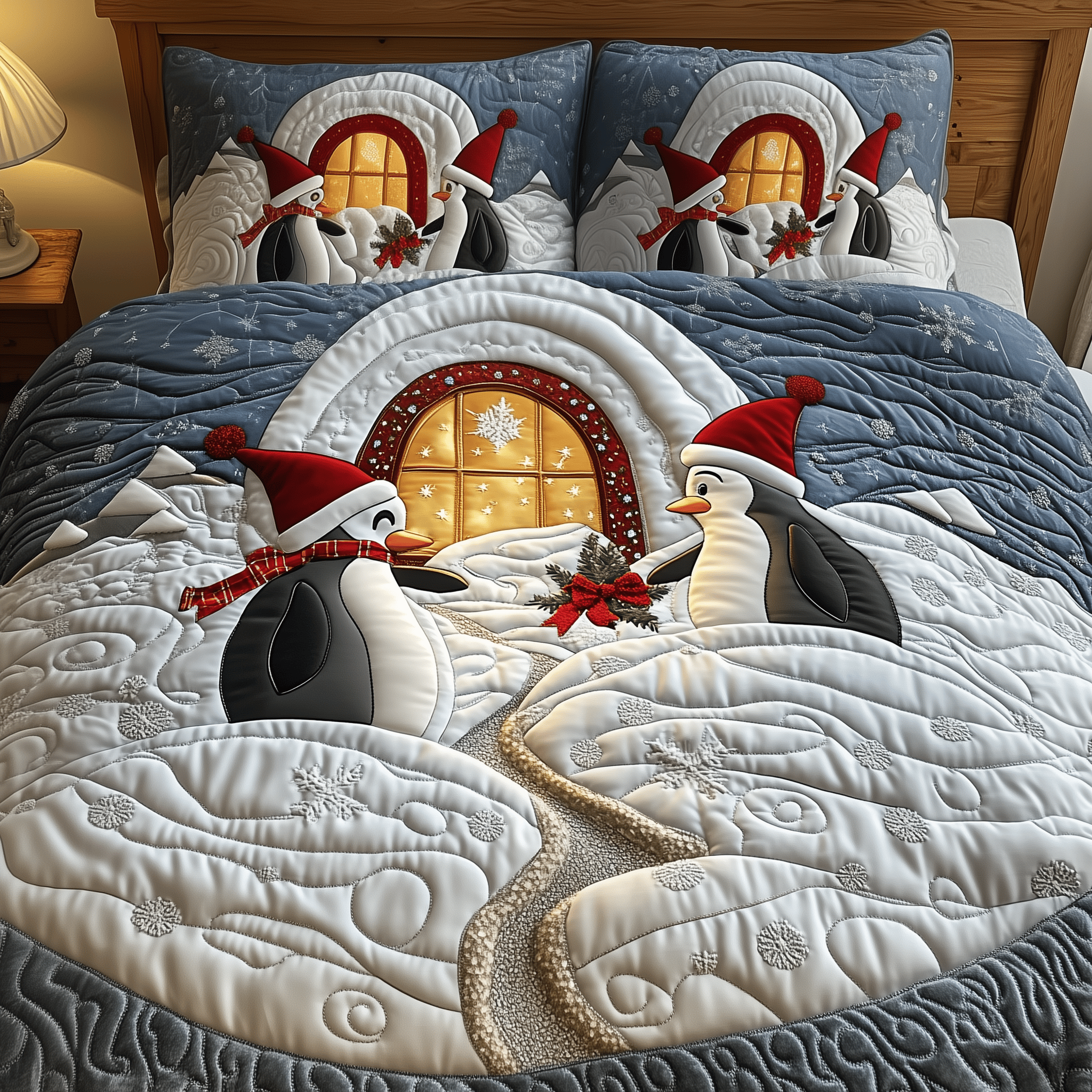Festive Penguins in Snowy Wonderland Quilted Bedding Set Penguin Themed Gifts
