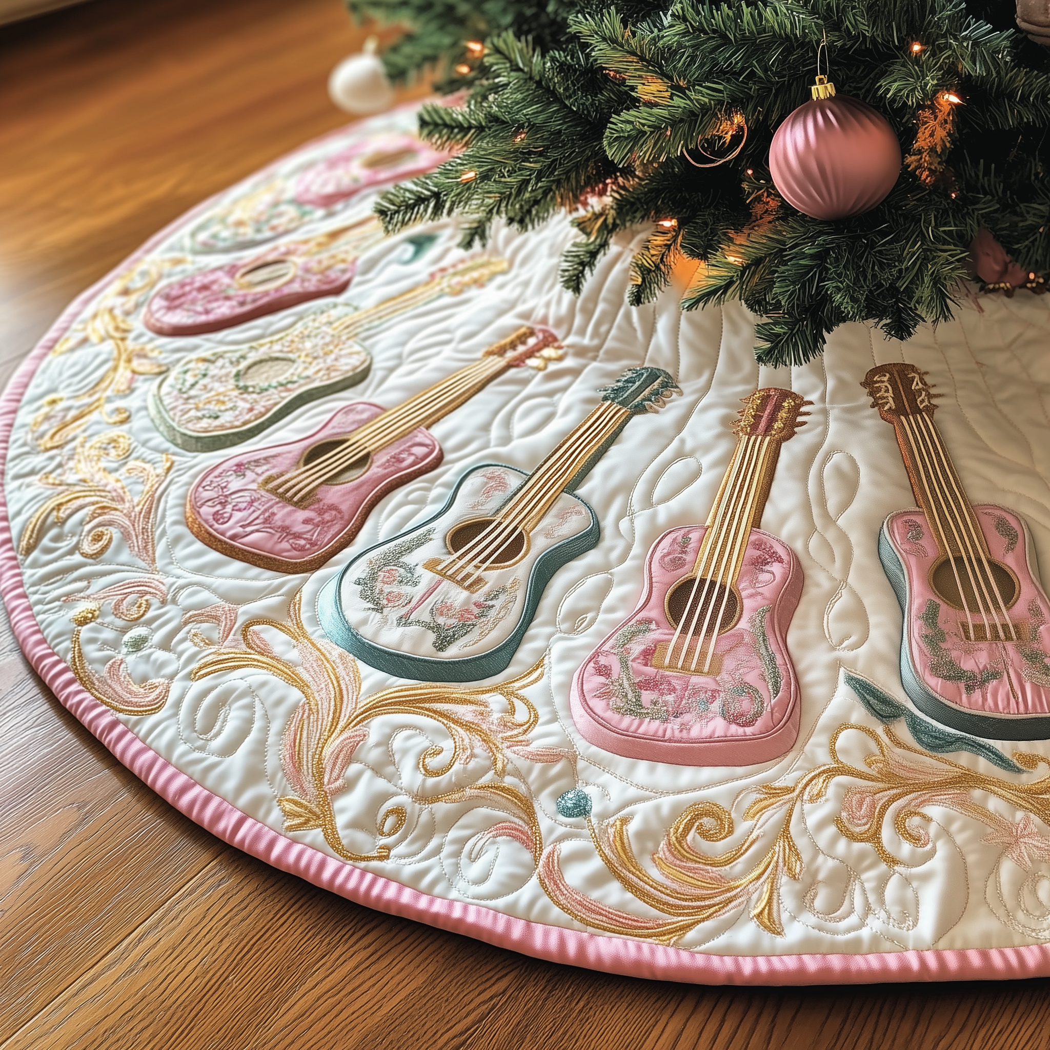 Festive Pinky Ukulele Quilted Tree Skirt Christmas Tree Decor Warm And Cozy Holiday Decor