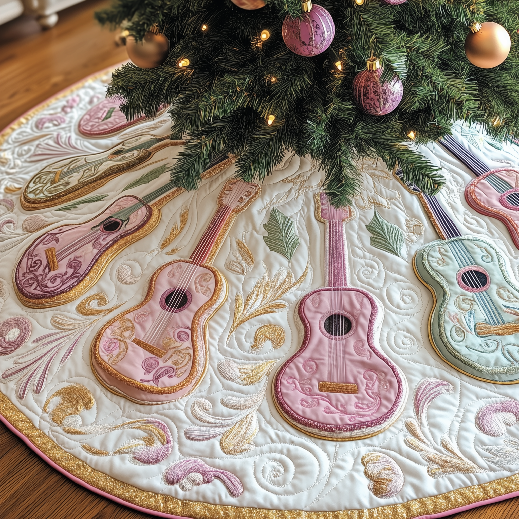 Festive Pinky Ukulele Quilted Tree Skirt Festive Tree Base Cover Festive Christmas Home Styling