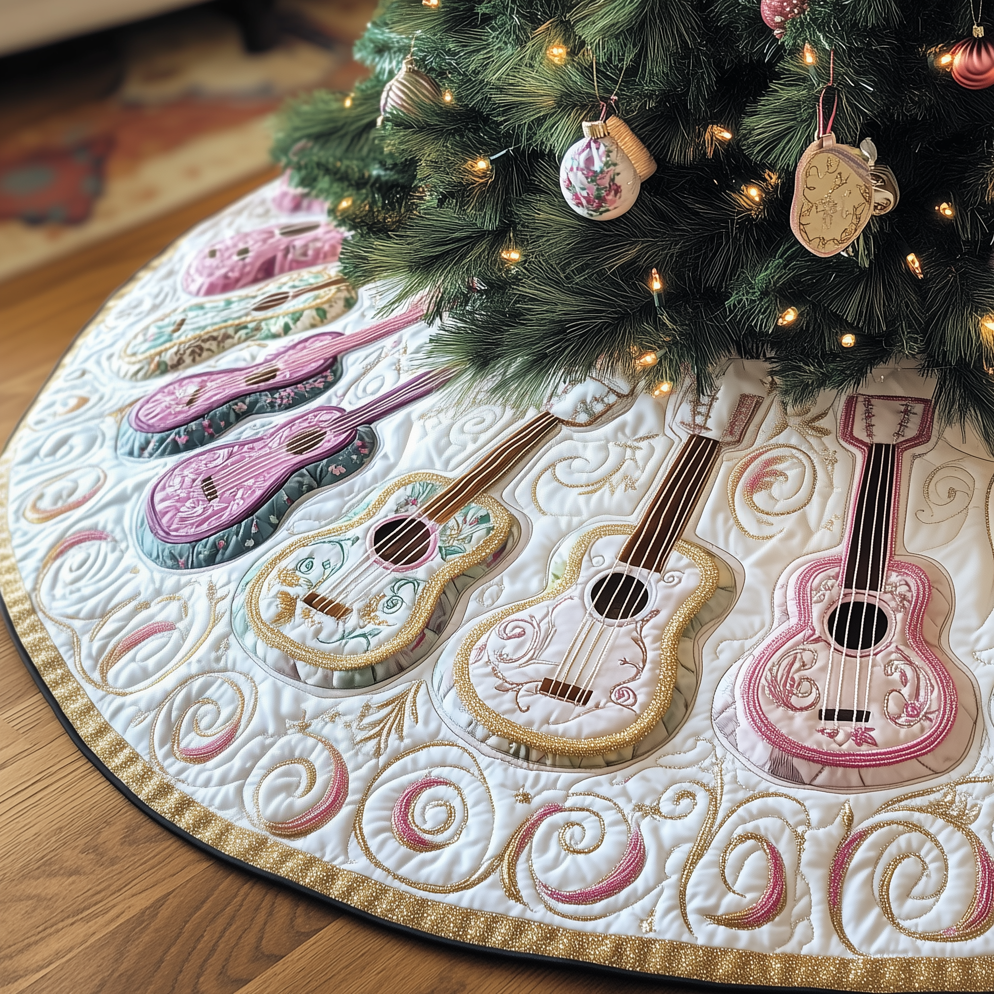 Festive Pinky Ukulele Quilted Tree Skirt Holiday Living Room Decor Winter Holiday Decor