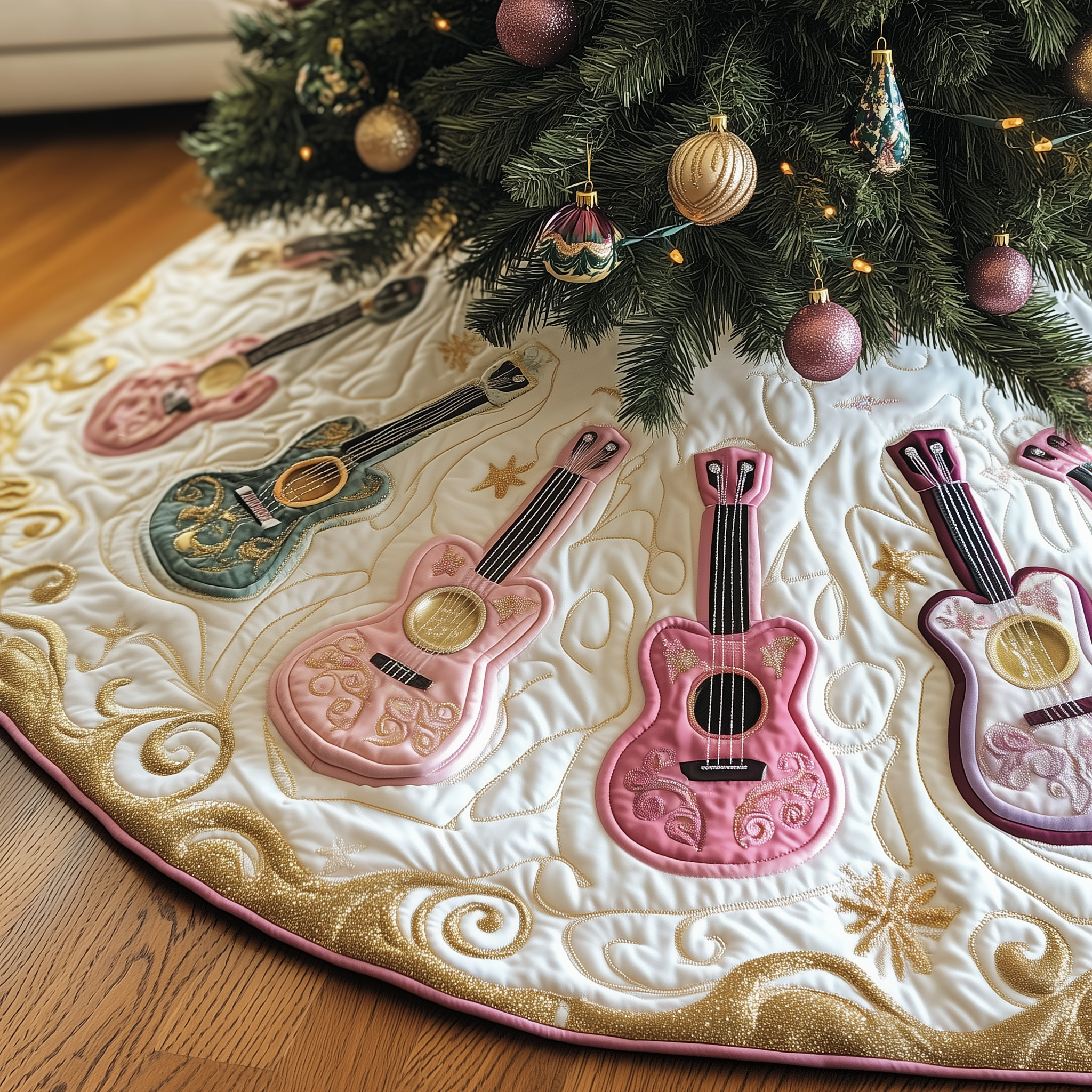Festive Pinky Ukulele Quilted Tree Skirt Holiday Tree Base Decoration Family Holiday Gathering Decor