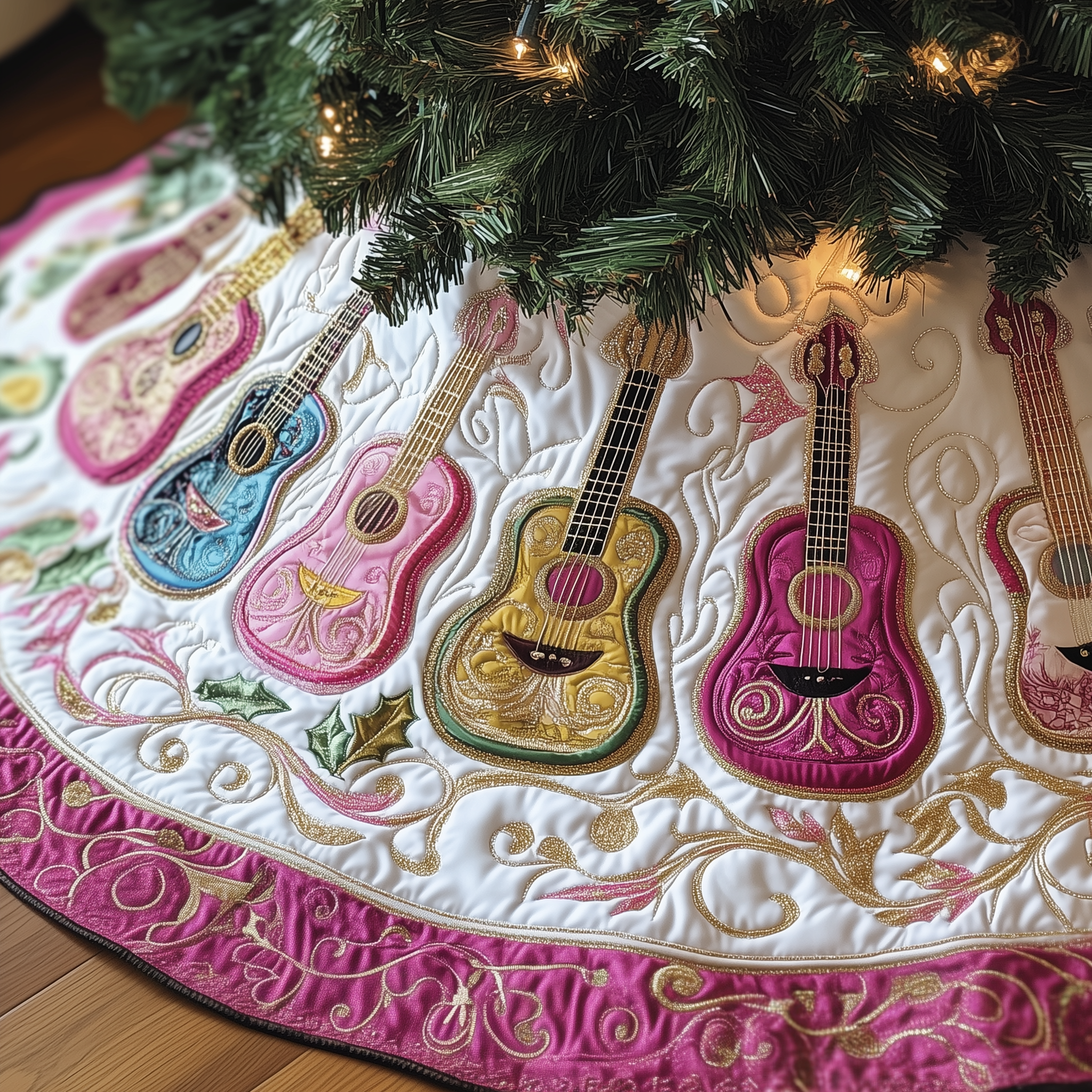 Festive Pinky Ukulele Quilted Tree Skirt Winter Holiday Decor Holiday Living Room Decor