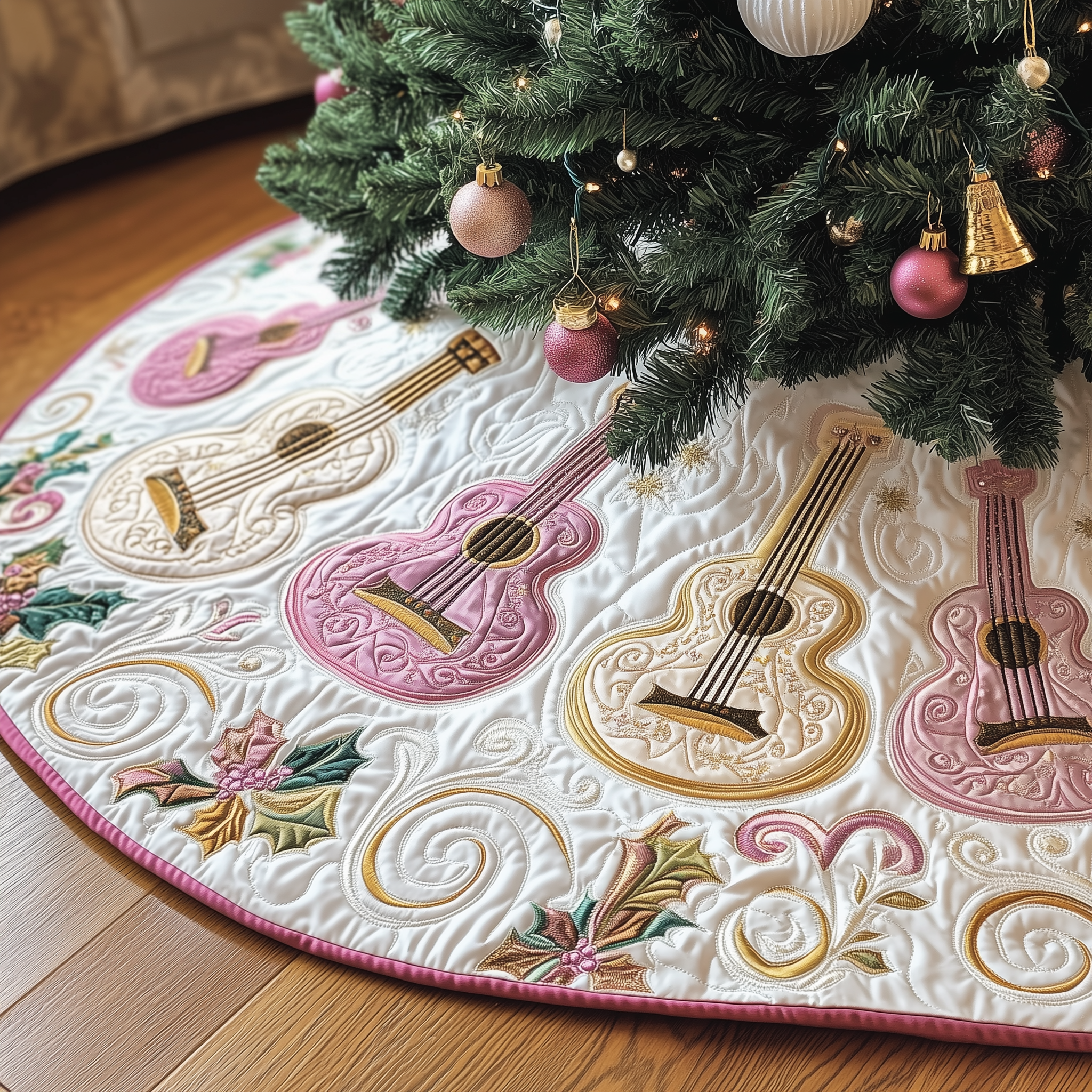 Festive Pinky Ukulele Quilted Tree Skirt Xmas Under Tree Decoration Seasonal Tree Area Decoration