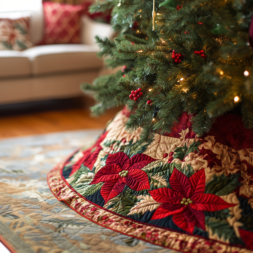 Festive Poinsettia Christmas Quilted Tree Skirt Merry And Bright Holiday Decor