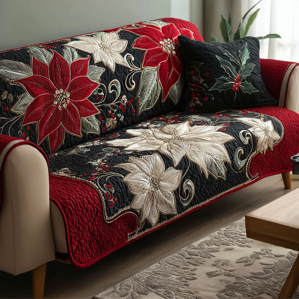 Festive Poinsettia Magic Quilted Sofa Cover Christmas Living Decor Good Gifts For Grandma