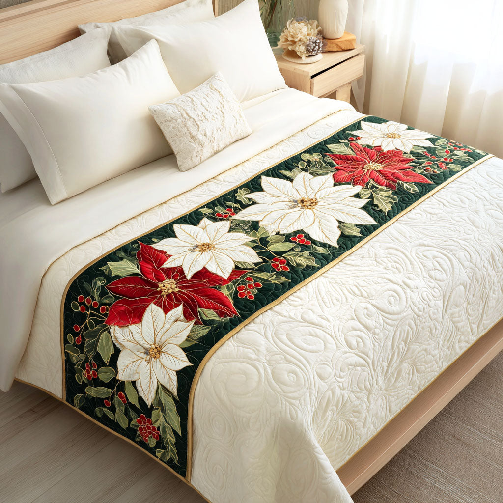 Festive Poinsettia Quilted Bed Runner Christmas Bedding Ideas Xmas Gifts For Sister In Law