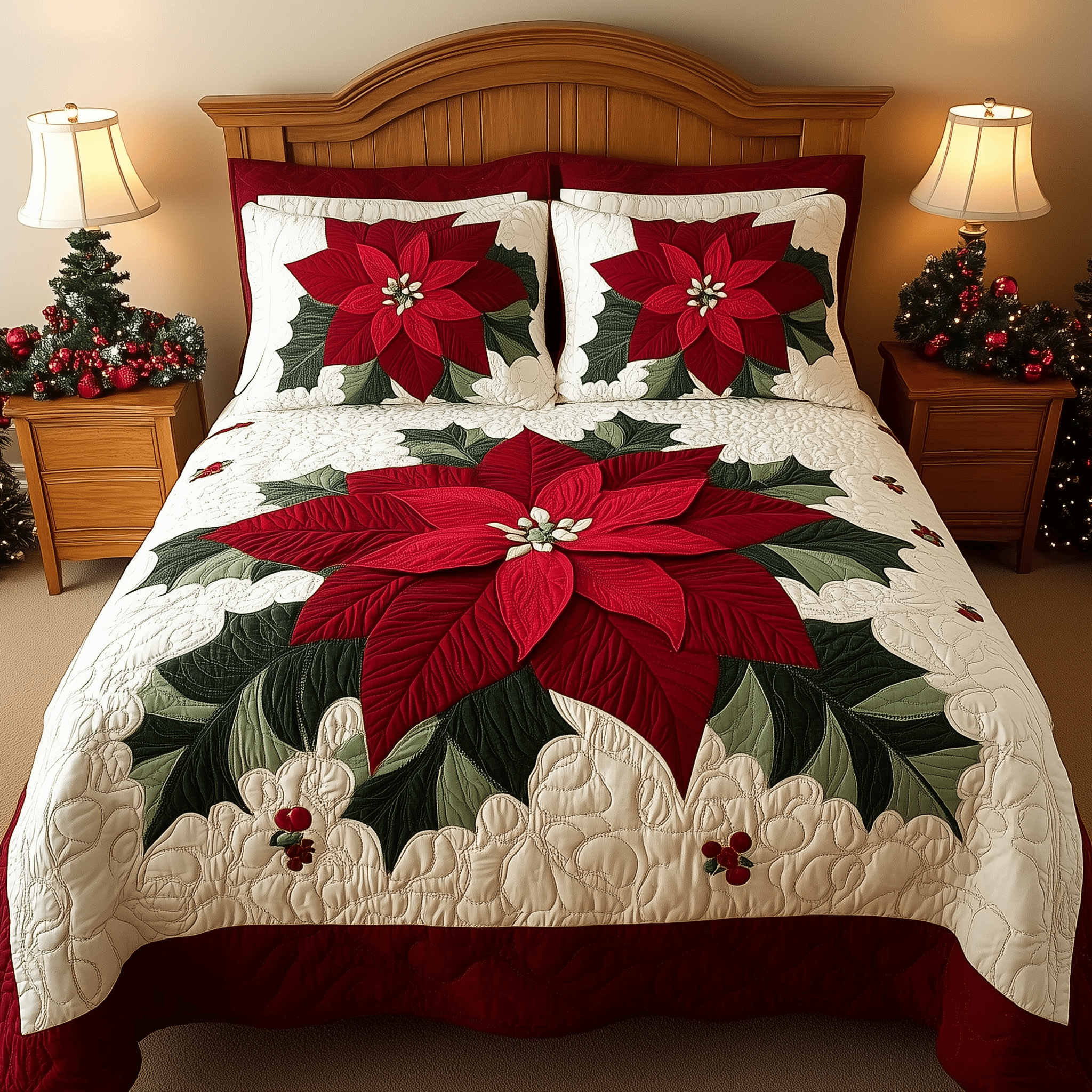 Festive Poinsettia Quilted Bedding Set Christmas Bedding Set Best Christmas Gift Ideas For Couples