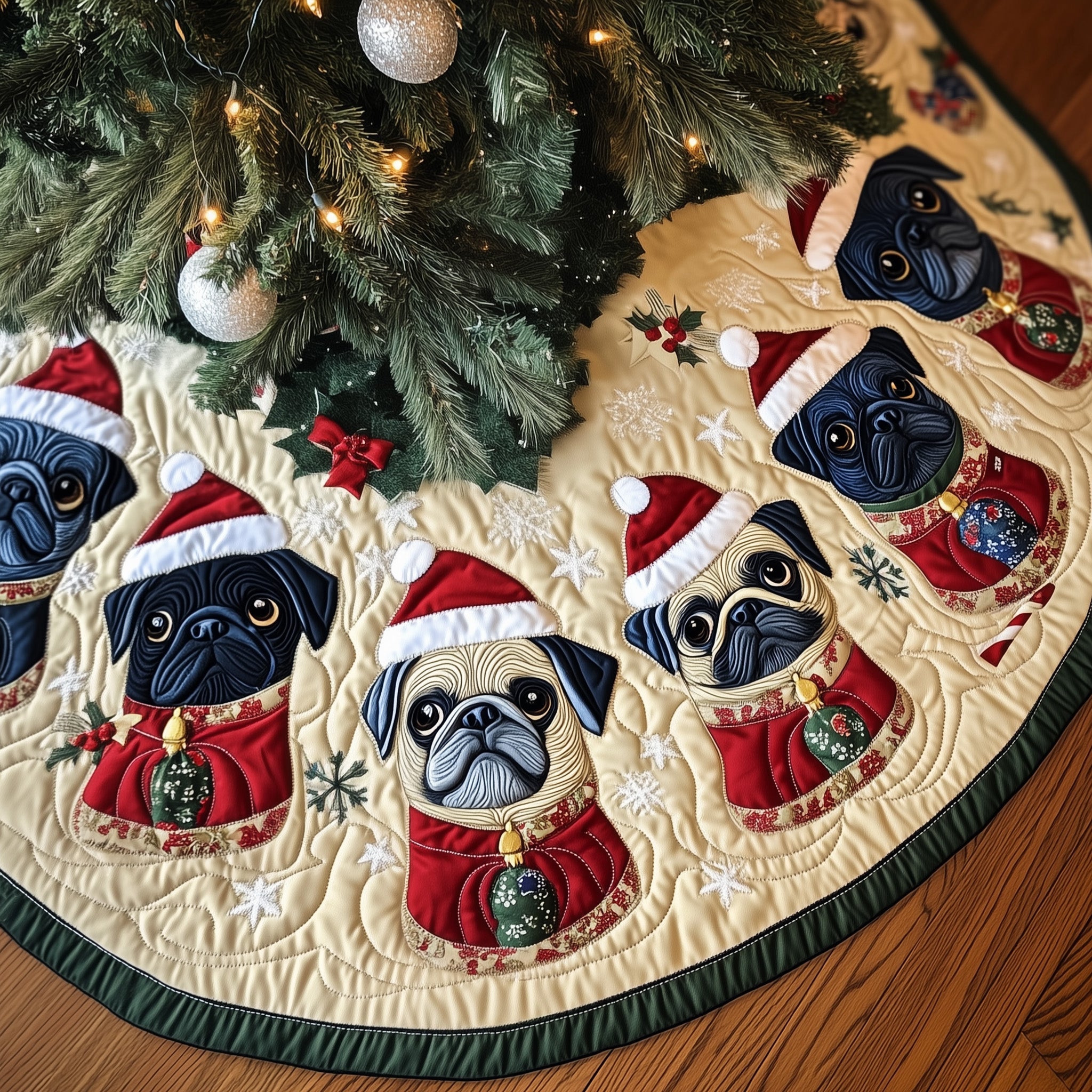 Festive Pugs Quilted Tree Skirt Adorable Easter Gift Merch