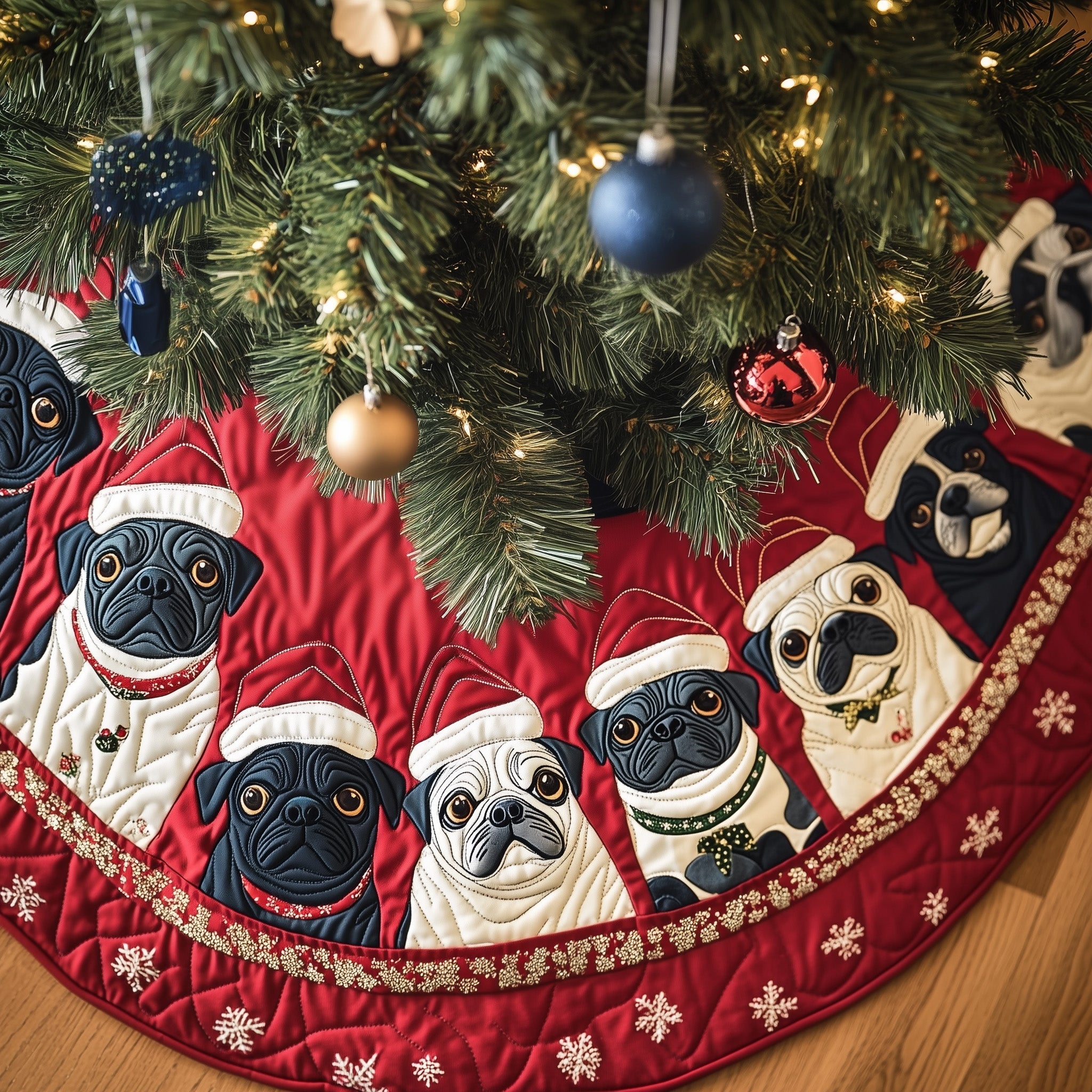 Festive Pugs Quilted Tree Skirt Charming Thanksgiving Gift Merch