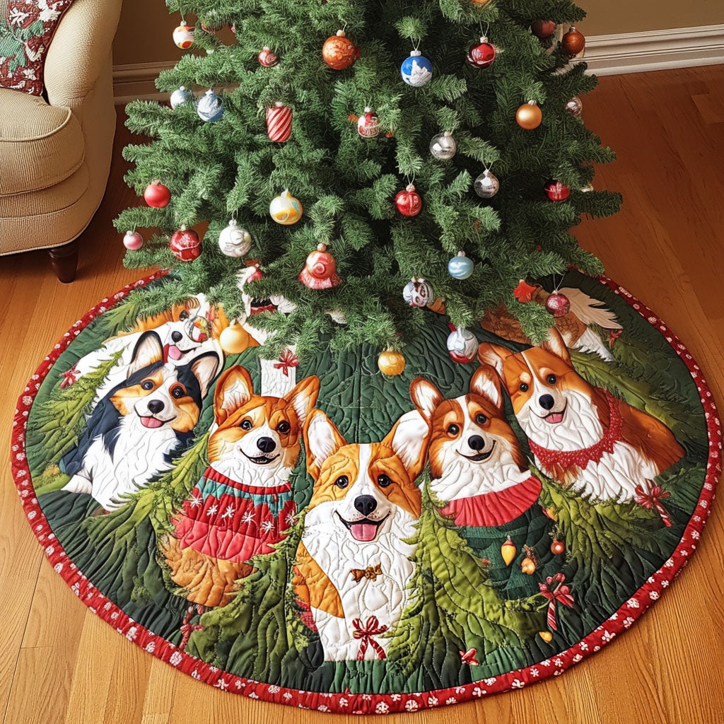 Festive Pup Cheer Quilted Christmas Tree Skirt Christmas Holiday Decor Home