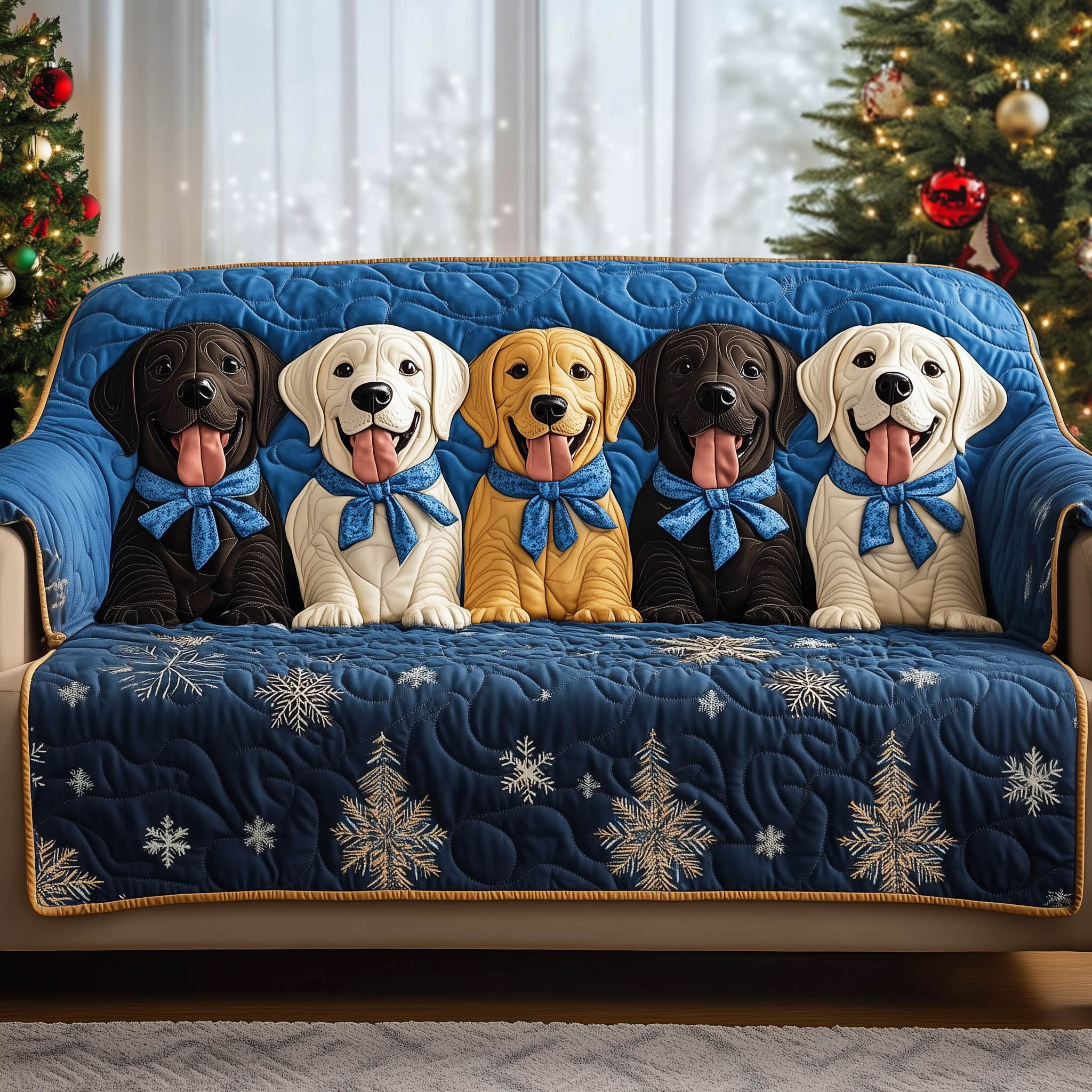Festive Puppies Quilted Sofa Cover Holiday Puppies Soft Texture Gifts For Labrador Lovers