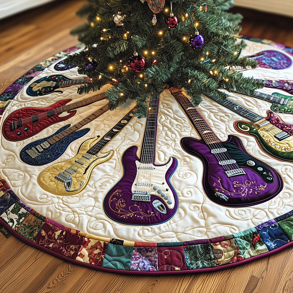 Festive Purple Guitars Quilted Tree Skirt Joyful Holiday Season Gift Merch