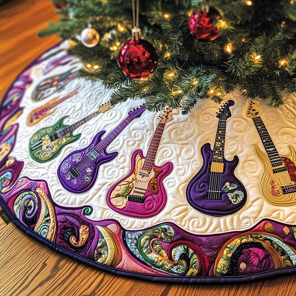 Festive Purple Guitars Quilted Tree Skirt Meaningful Anniversary Gift Merch
