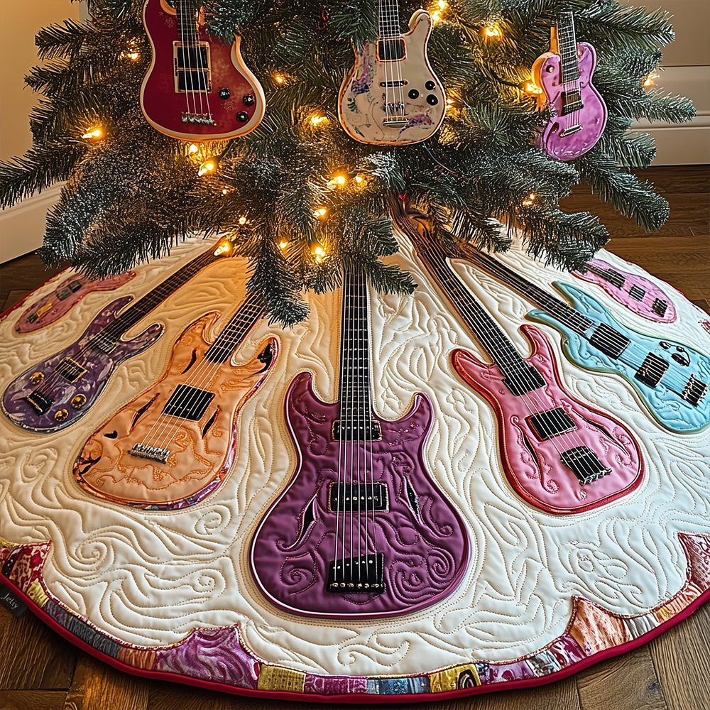 Festive Purple Guitars Quilted Tree Skirt Xmas Tree Base Cover Decorations Themed Guitar Christmas Gift Ideas