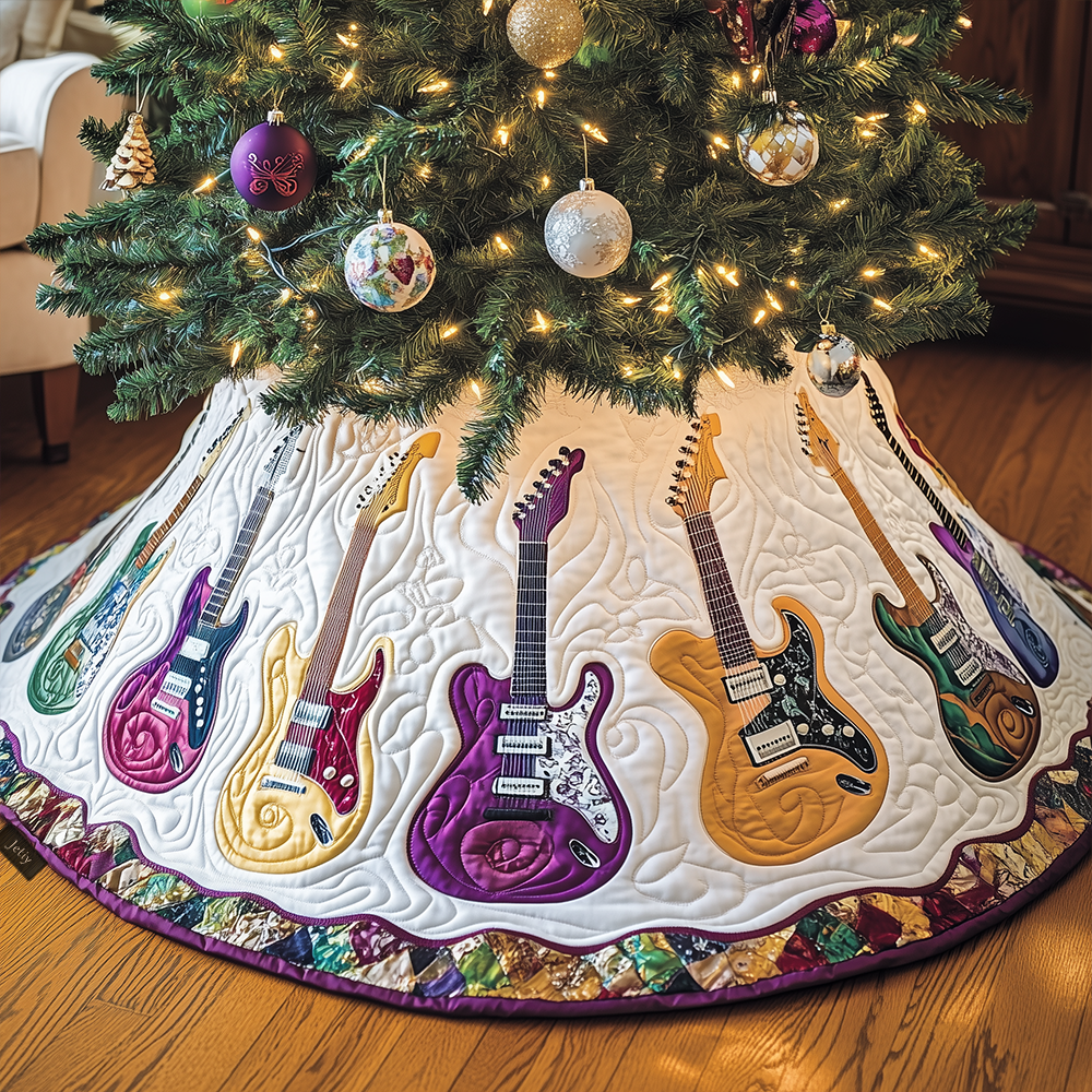 Festive Purple Guitars Quilted Tree Skirt Xmas Tree Base Cover Decorations Themed Guitar Christmas Gift Ideas