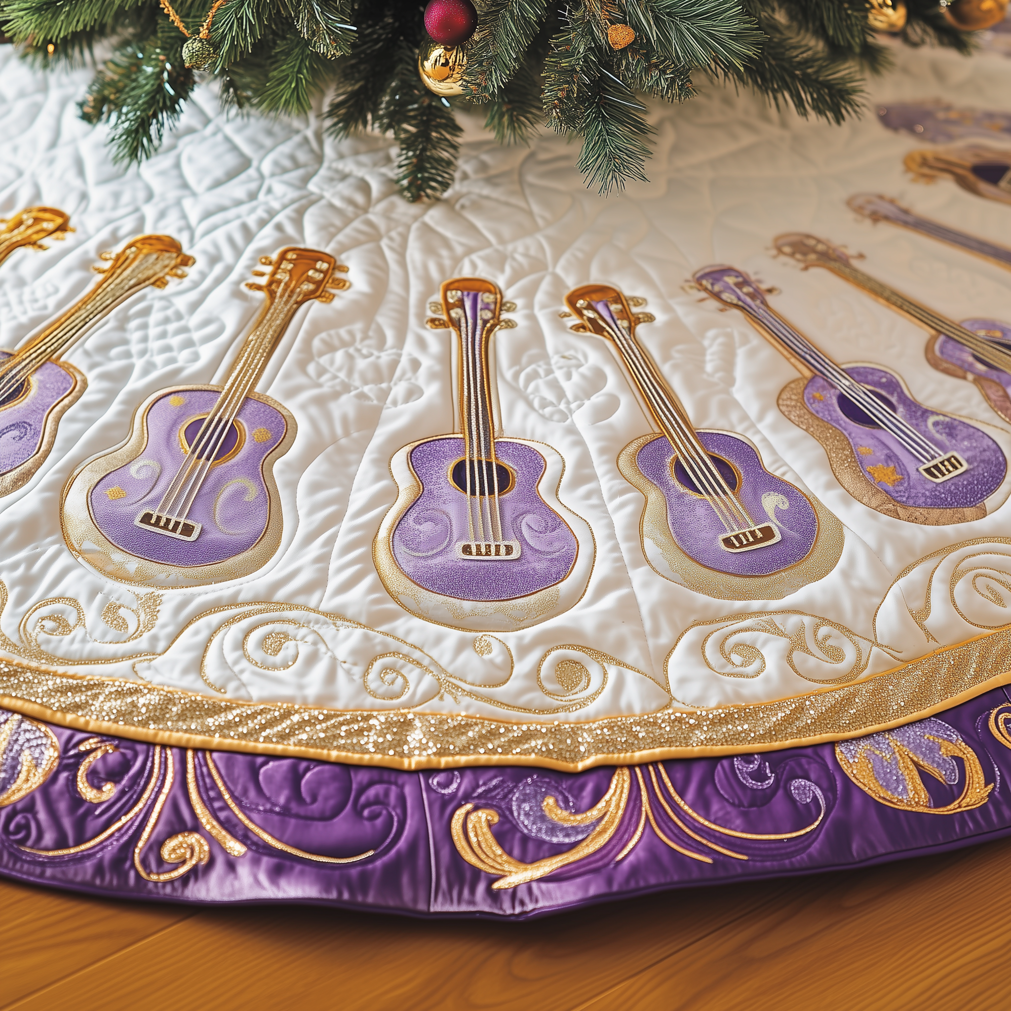 Festive Purple Ukulele Quilted Tree Skirt Festive Christmas Home Styling Festive Tree Base Cover