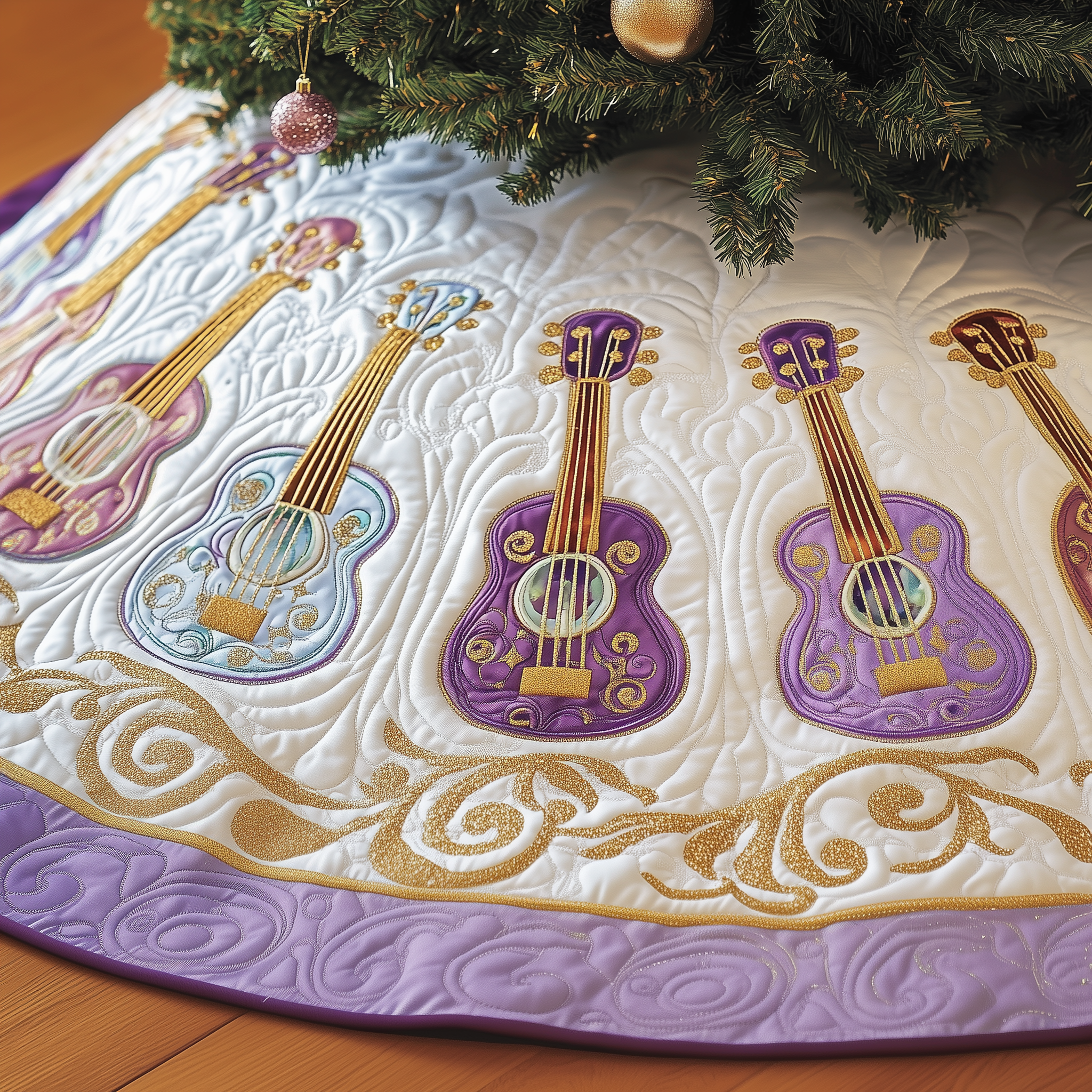 Festive Purple Ukulele Quilted Tree Skirt Heartfelt Gift Merch For Mom