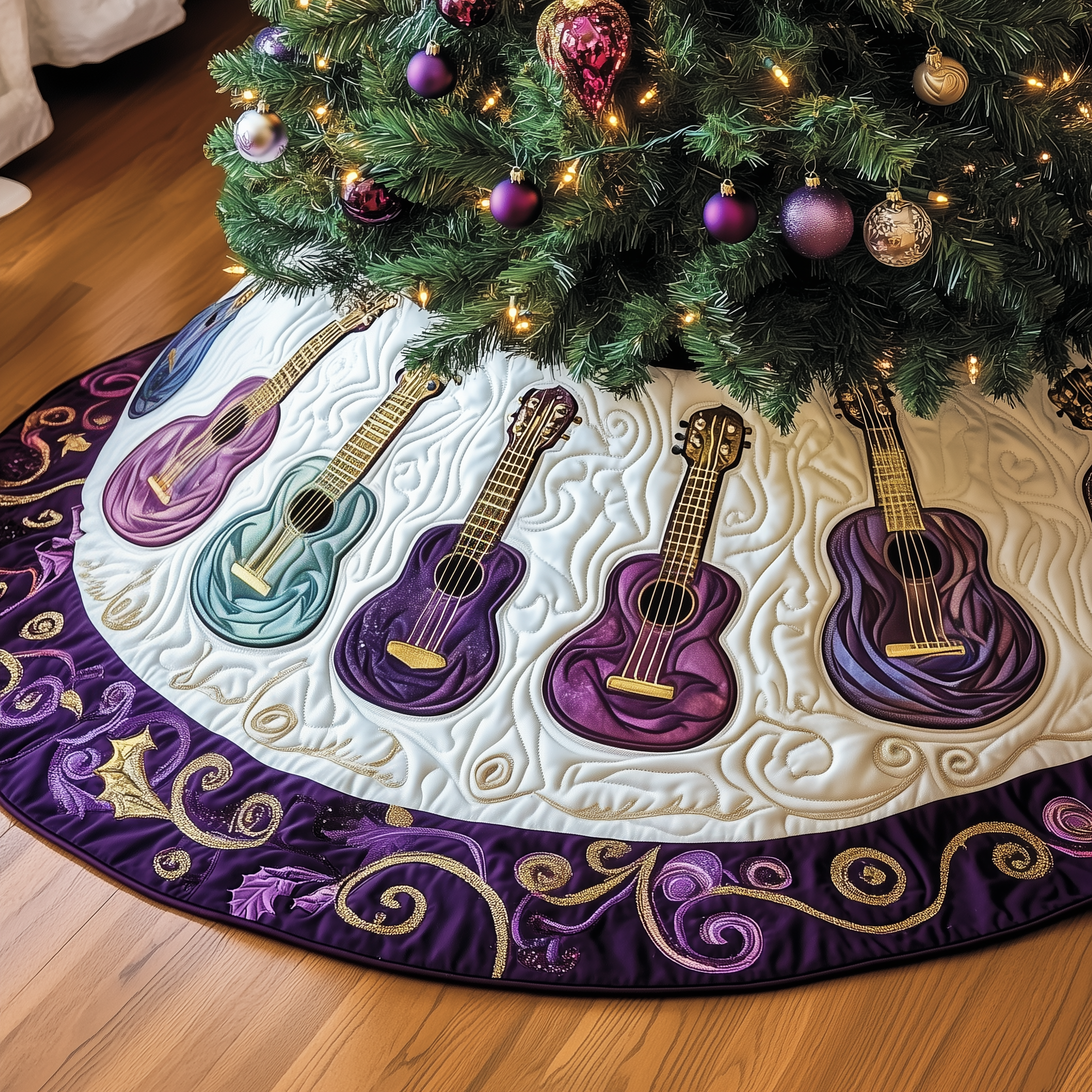 Festive Purple Ukulele Quilted Tree Skirt Holiday Party Decor for Home Under-Tree Christmas Decor