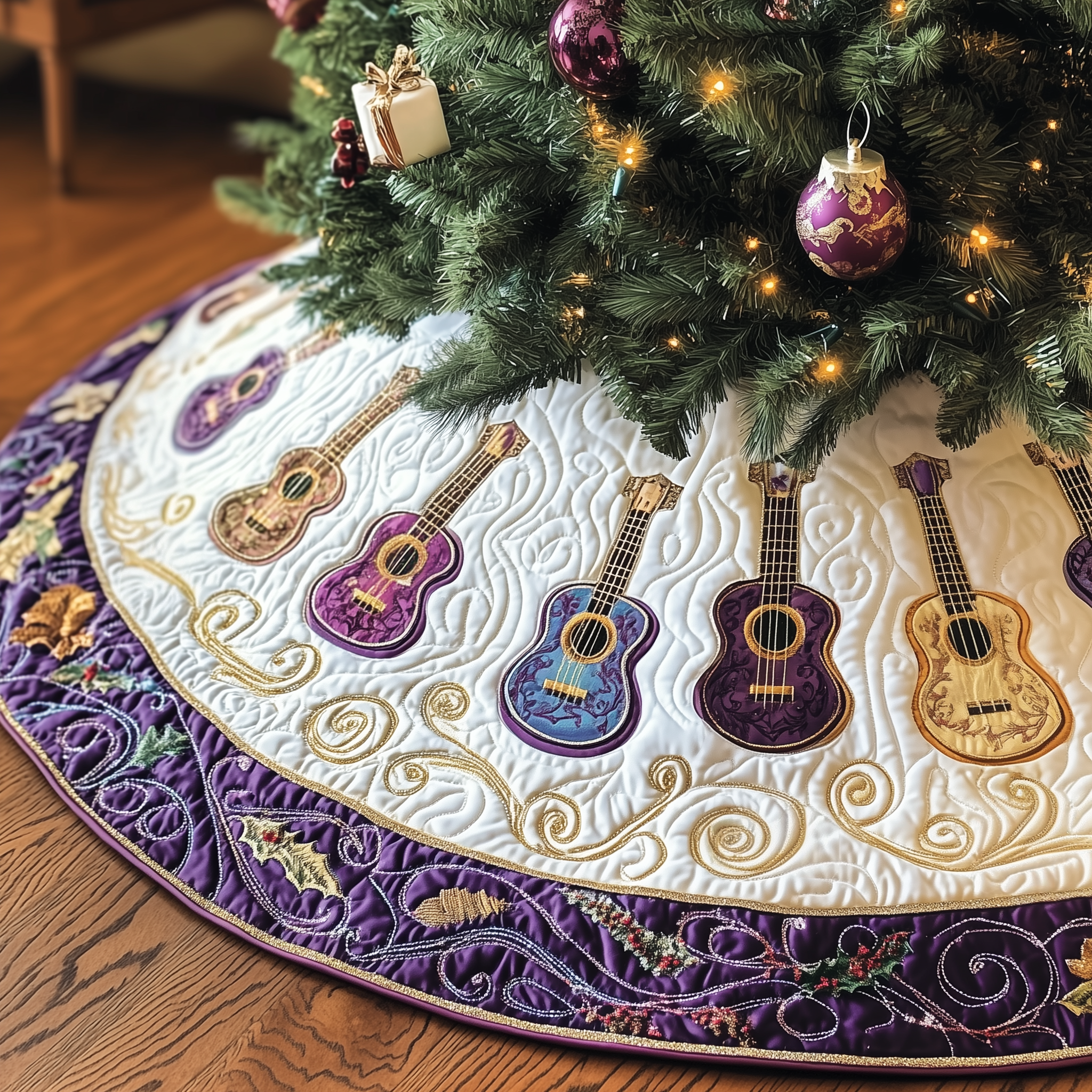 Festive Purple Ukulele Quilted Tree Skirt Under Tree Christmas Decor Holiday Party Decor for Home