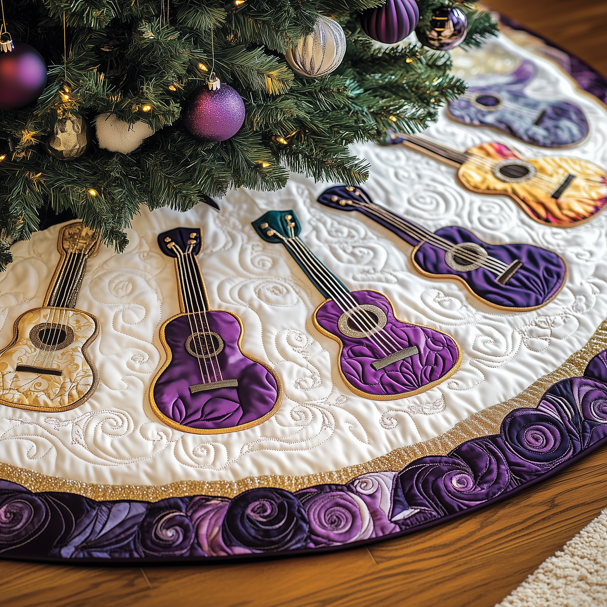 Festive Purple Ukulele Quilted Tree Skirt Warm And Cozy Holiday Decor Christmas Tree Decor