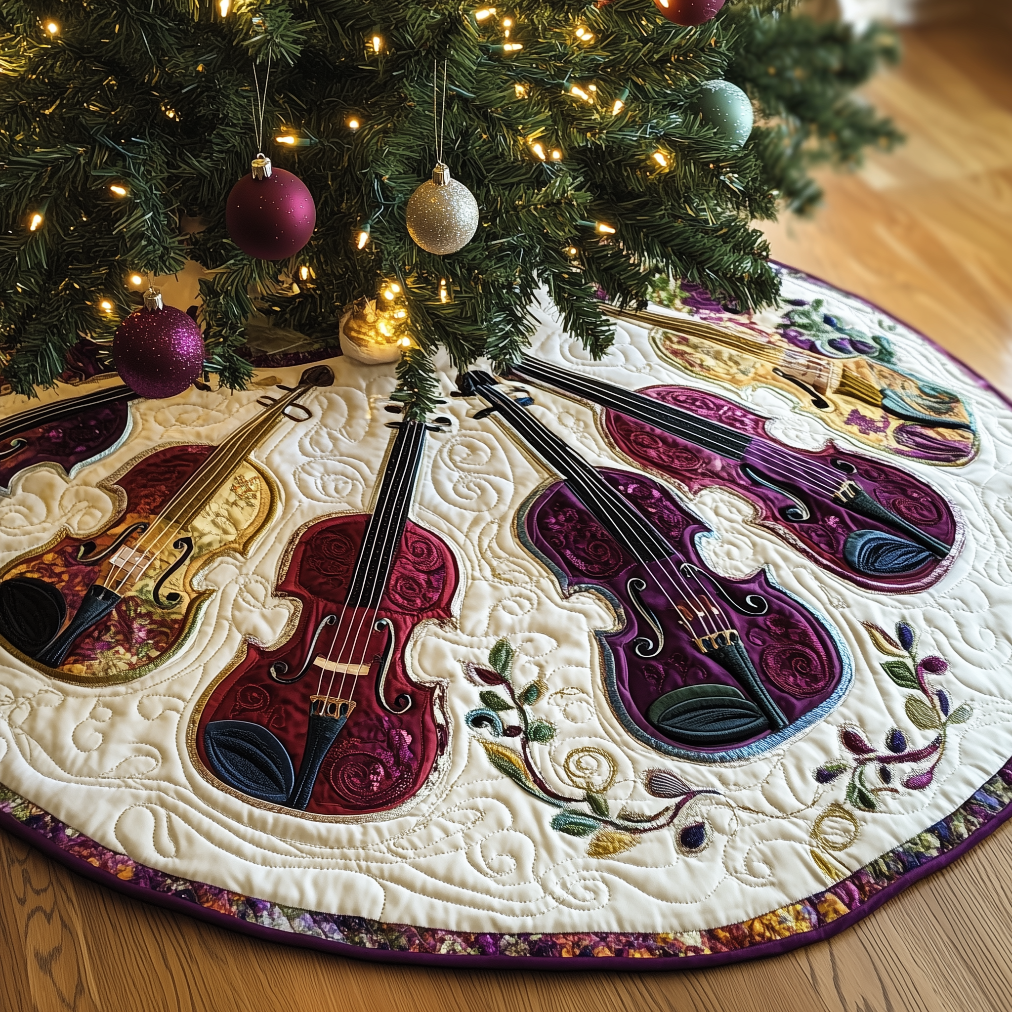 Festive Purple Violins Quilted Tree Skirt Charming Holiday Home Merch