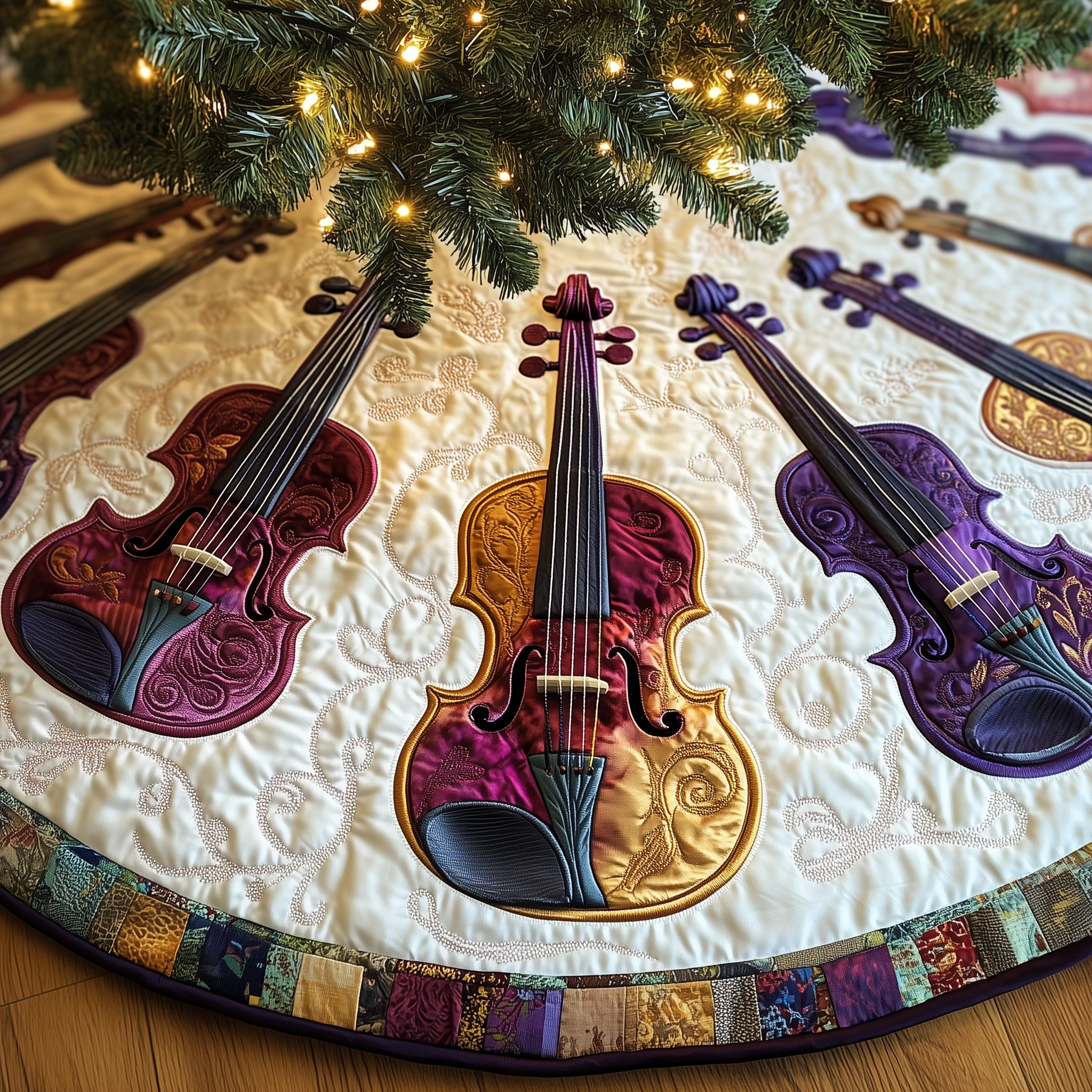 Festive Purple Violins Quilted Tree Skirt Cozy Home Decor Gift Merch