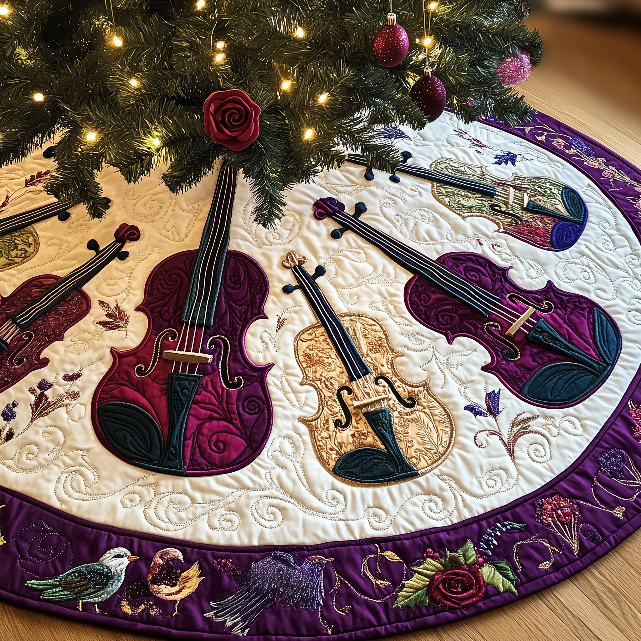 Festive Purple Violins Quilted Tree Skirt Holiday Christmas Tree Base Cover Christmas Gifts For Violinists