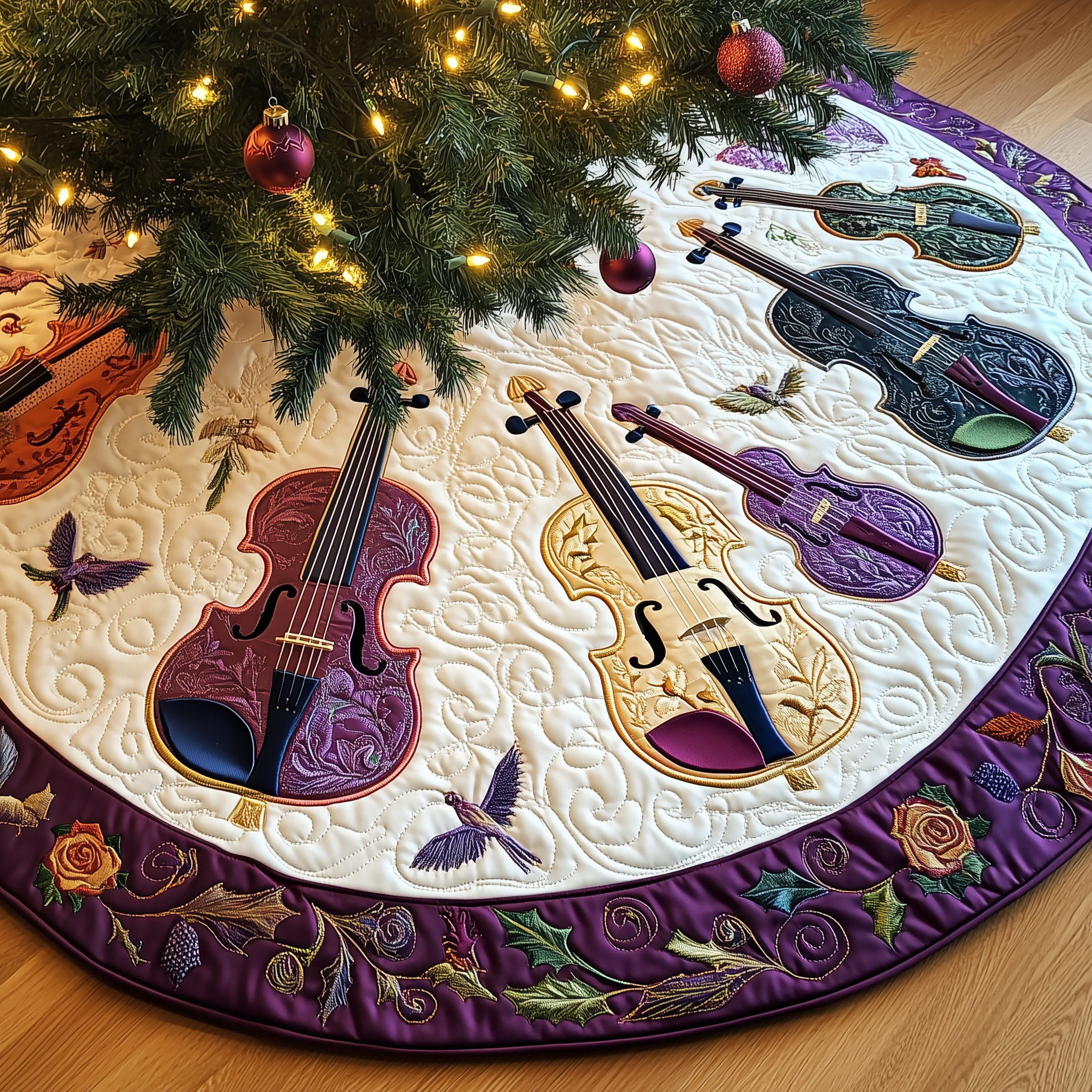 Festive Purple Violins Quilted Tree Skirt Warm Winter Home Merch