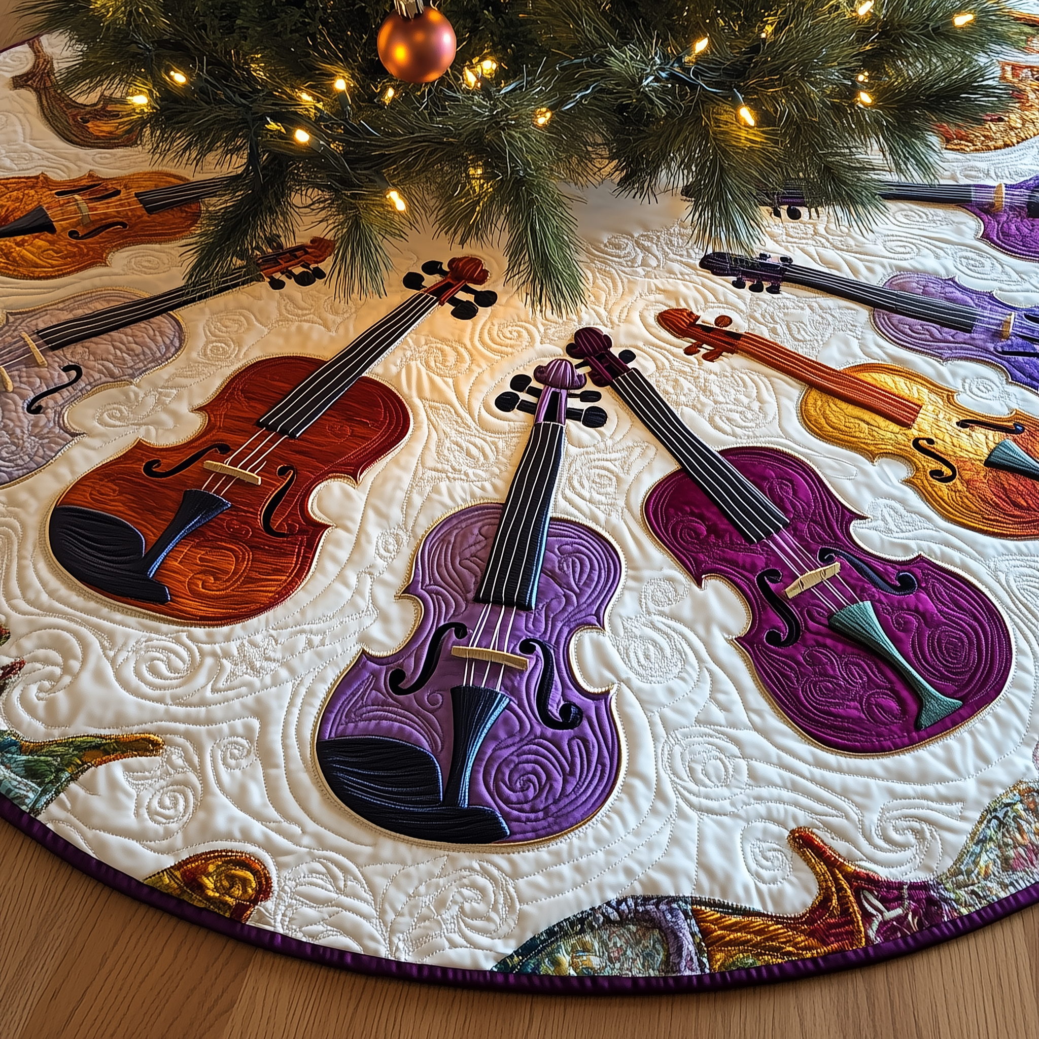 Festive Purple Violins Quilted Tree Skirt Xmas Tree Decorations Christmas Gifts For Violin Players