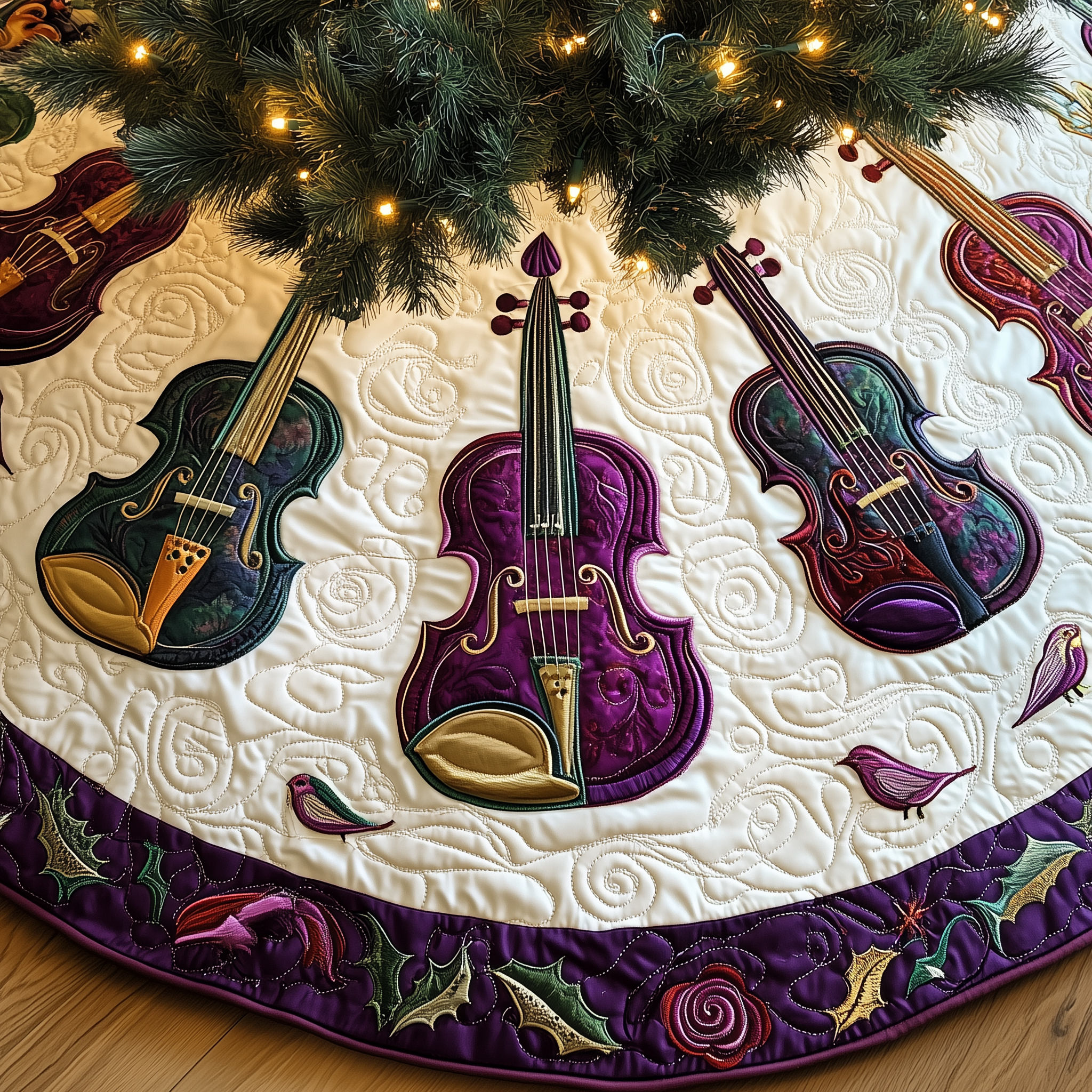 Festive Purple Violins Quilted Tree Skirt Xmas Tree Decorations Christmas Gifts For Violin Players