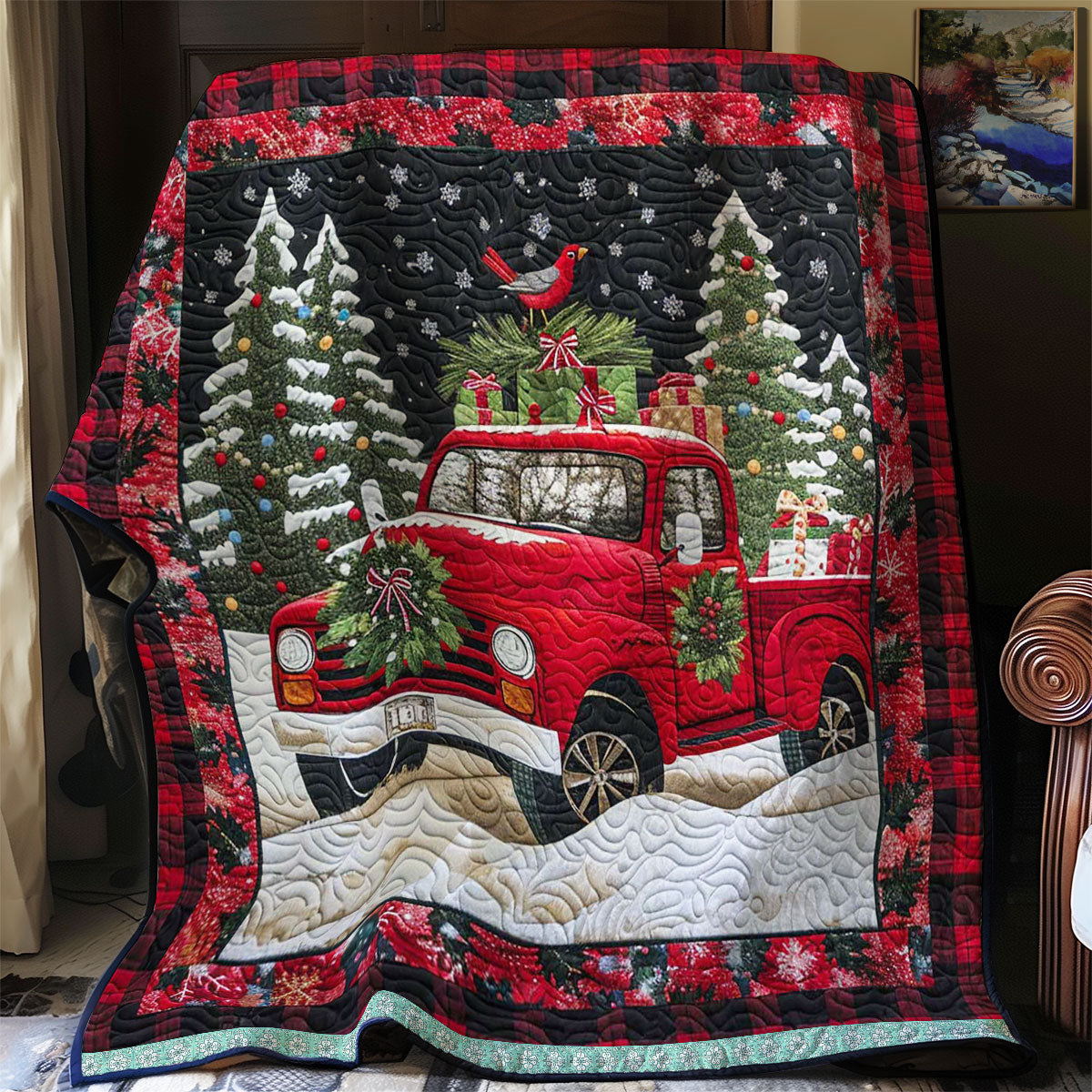 Festive Red Truck Journey Quilt Blanket Queen Size Blanket Meaningful Gifts For Parents