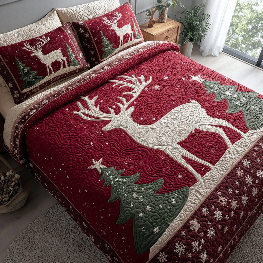 Festive Reindeer Quilted Bedding Set Holiday Duvet Cover Set Christmas Presents