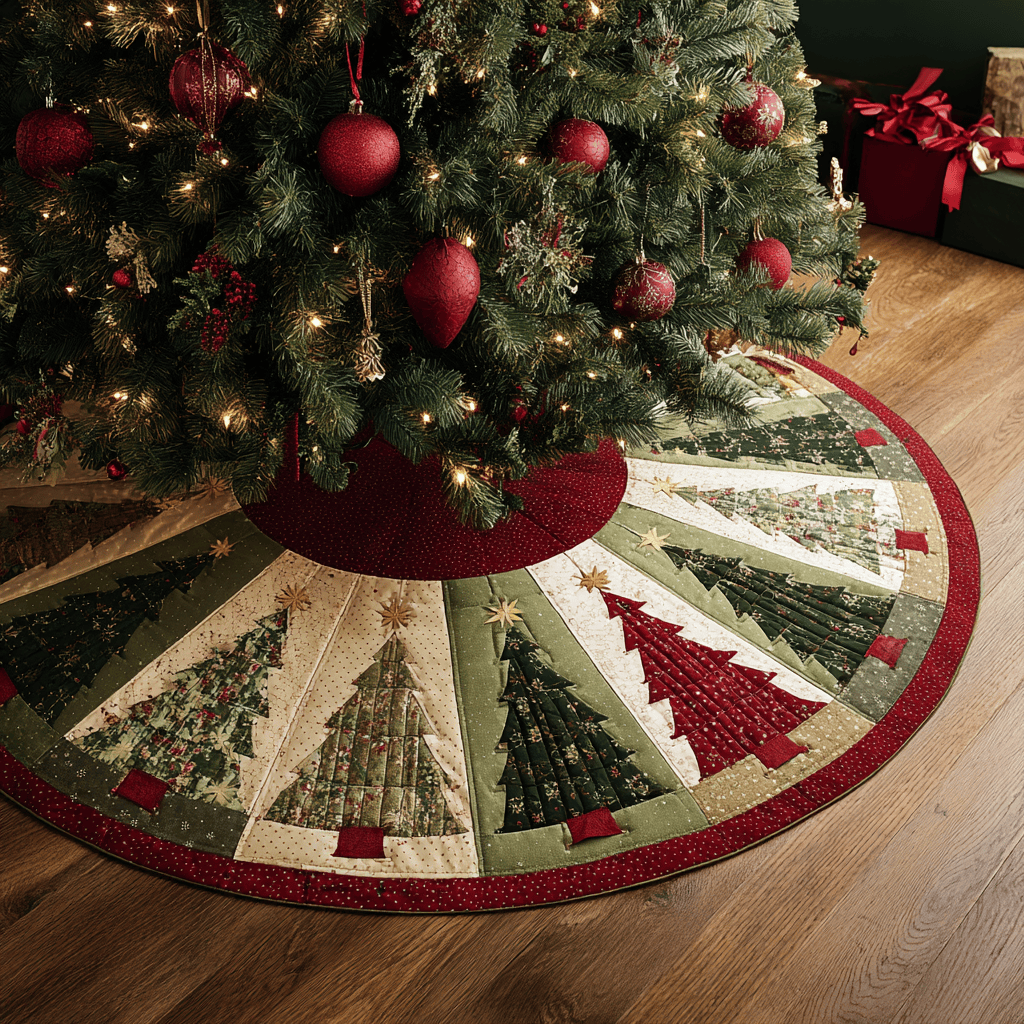 Festive Round Christmas Quilted Tree Skirt Pine Corn Pattern Christmas Gift Ideas