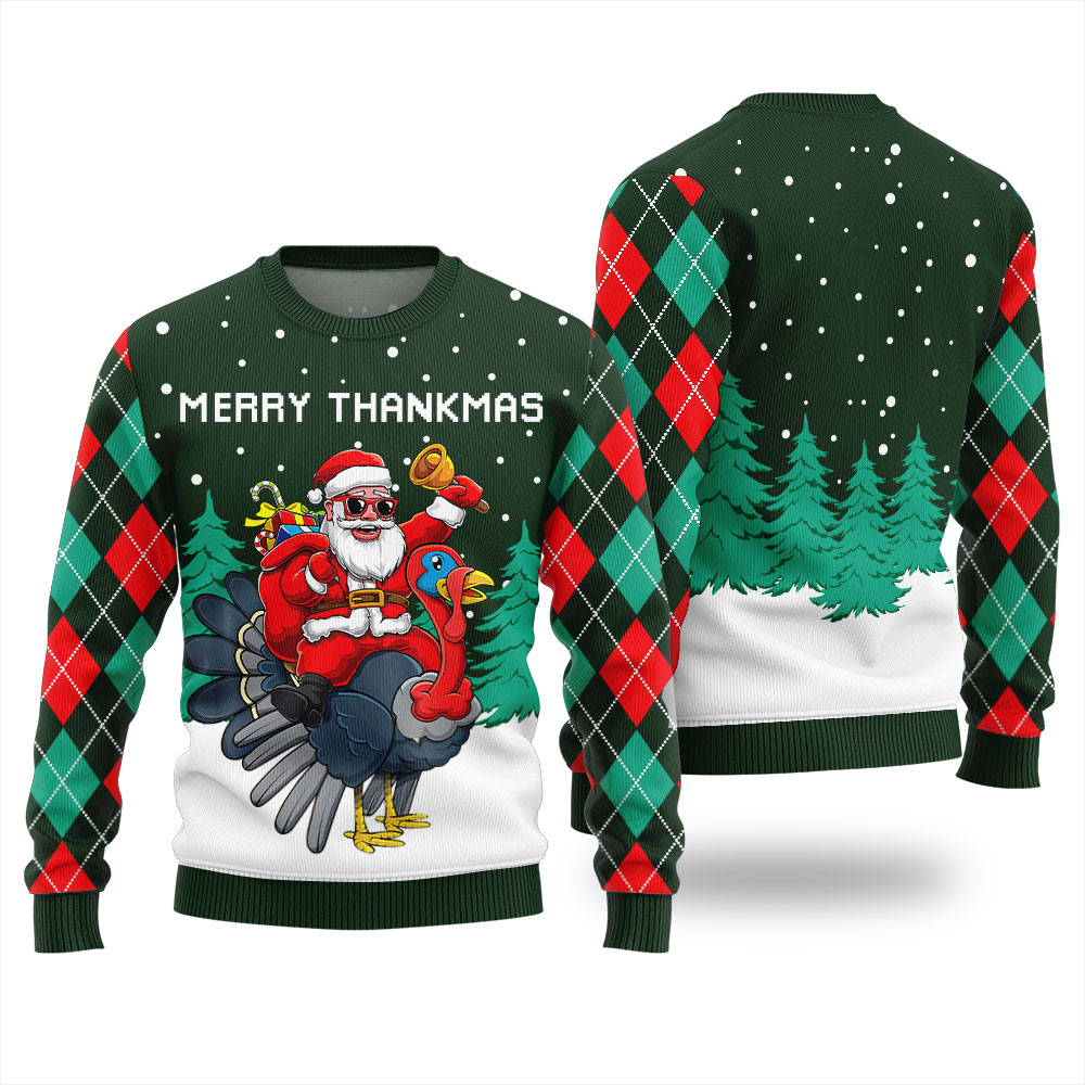 Festive Santa Merry Thankmas Ugly Thanksgiving Sweater Green Cute Holiday Sweatshirt to Spread Joy