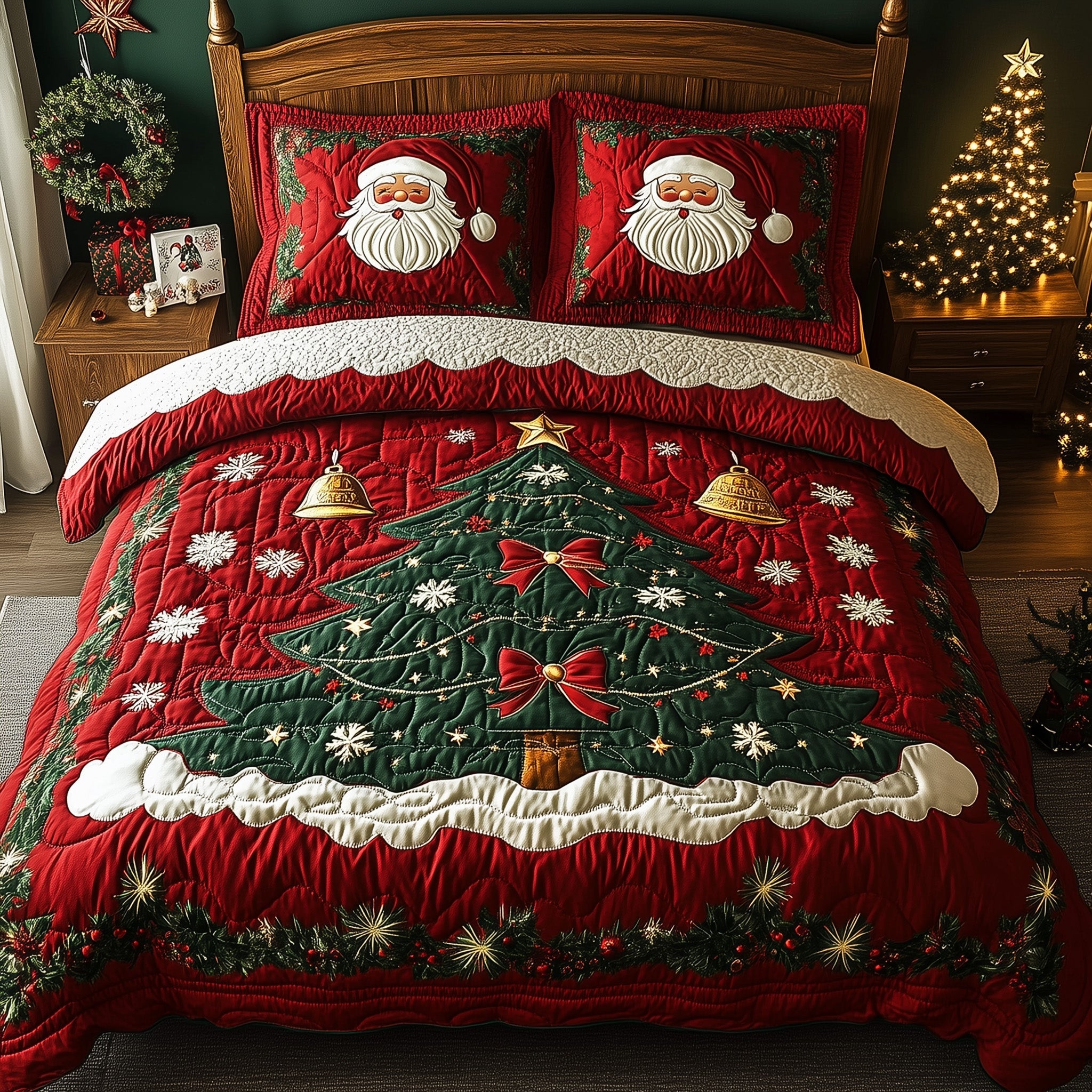 Festive Santa Quilted Bedding Set Xmas Tree Best Christmas Day Gift Ideas