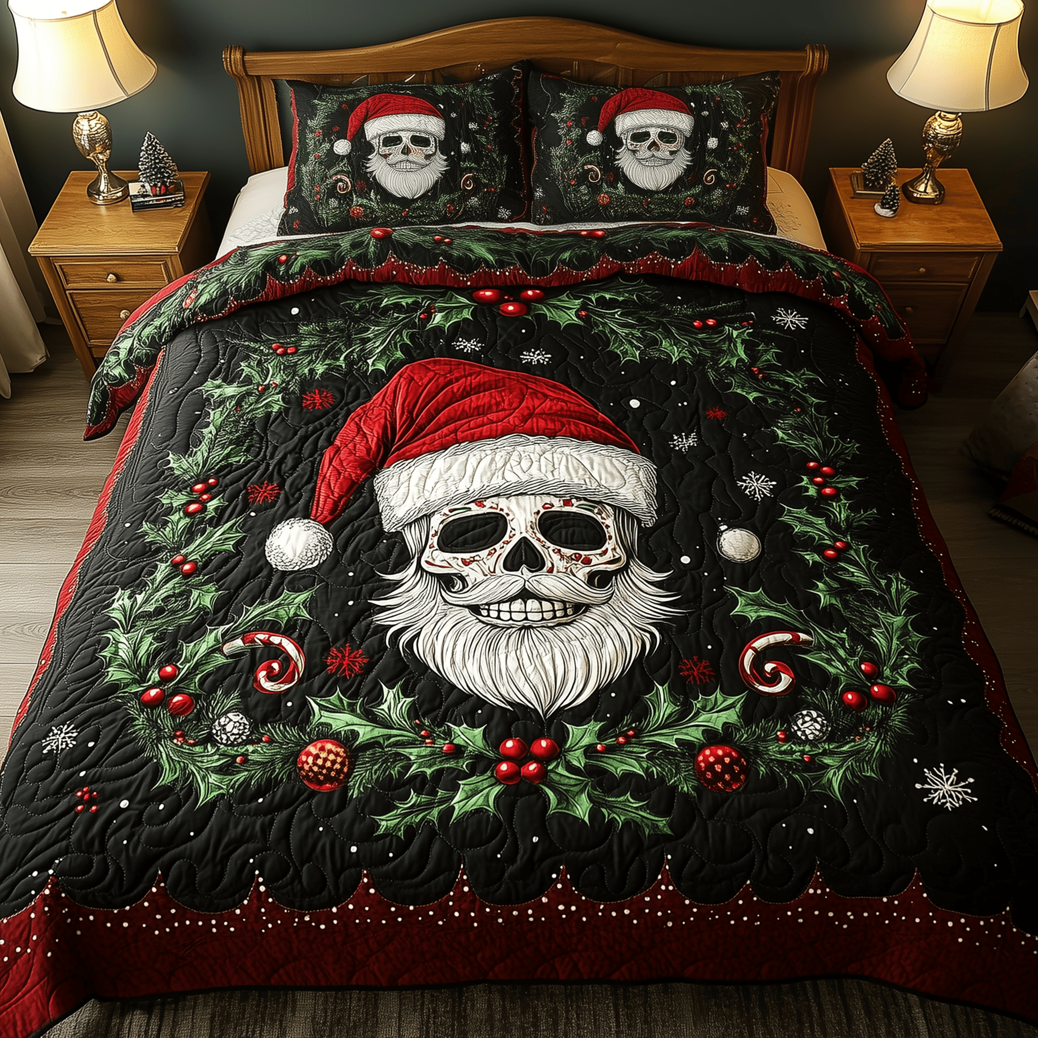 Festive Santa Skull Quilted Bedding Set Christmas Bedding Set Gift Experiences For Couples