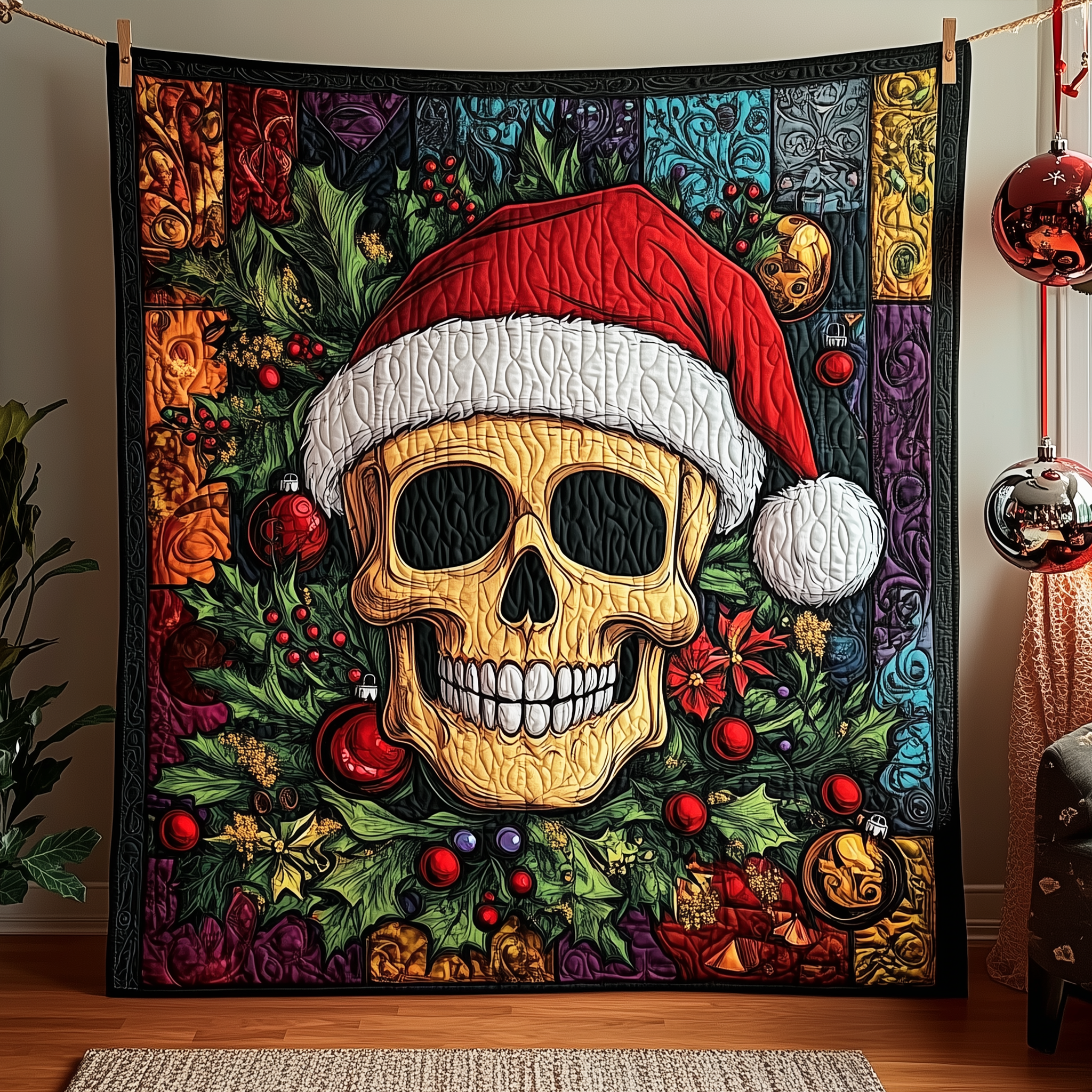 Festive Santa Skull Quilted Blanket Christmas Throw Blanket Romantic Christmas Gifts